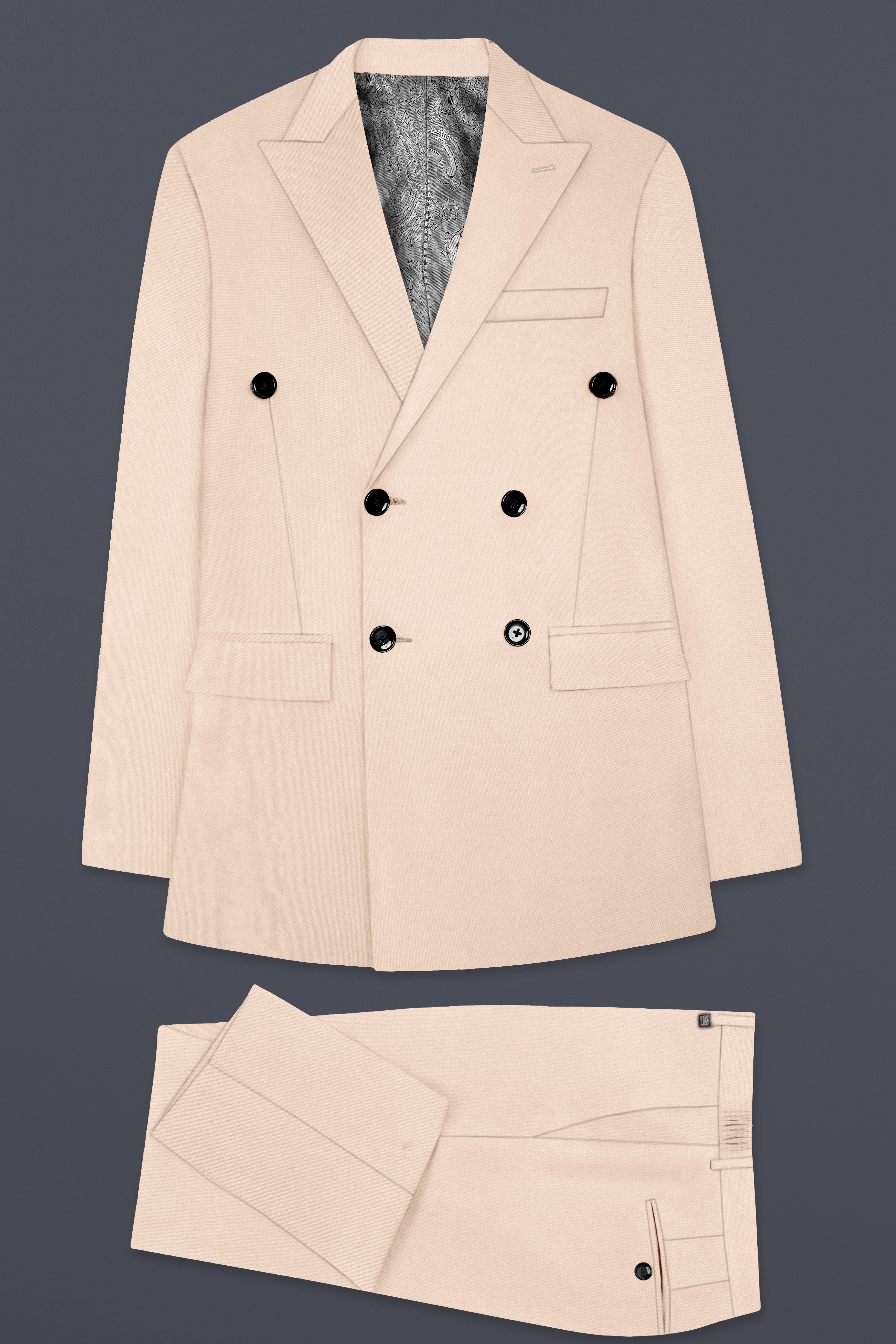 Almond Cream Solid Cotton Double Breasted Suit