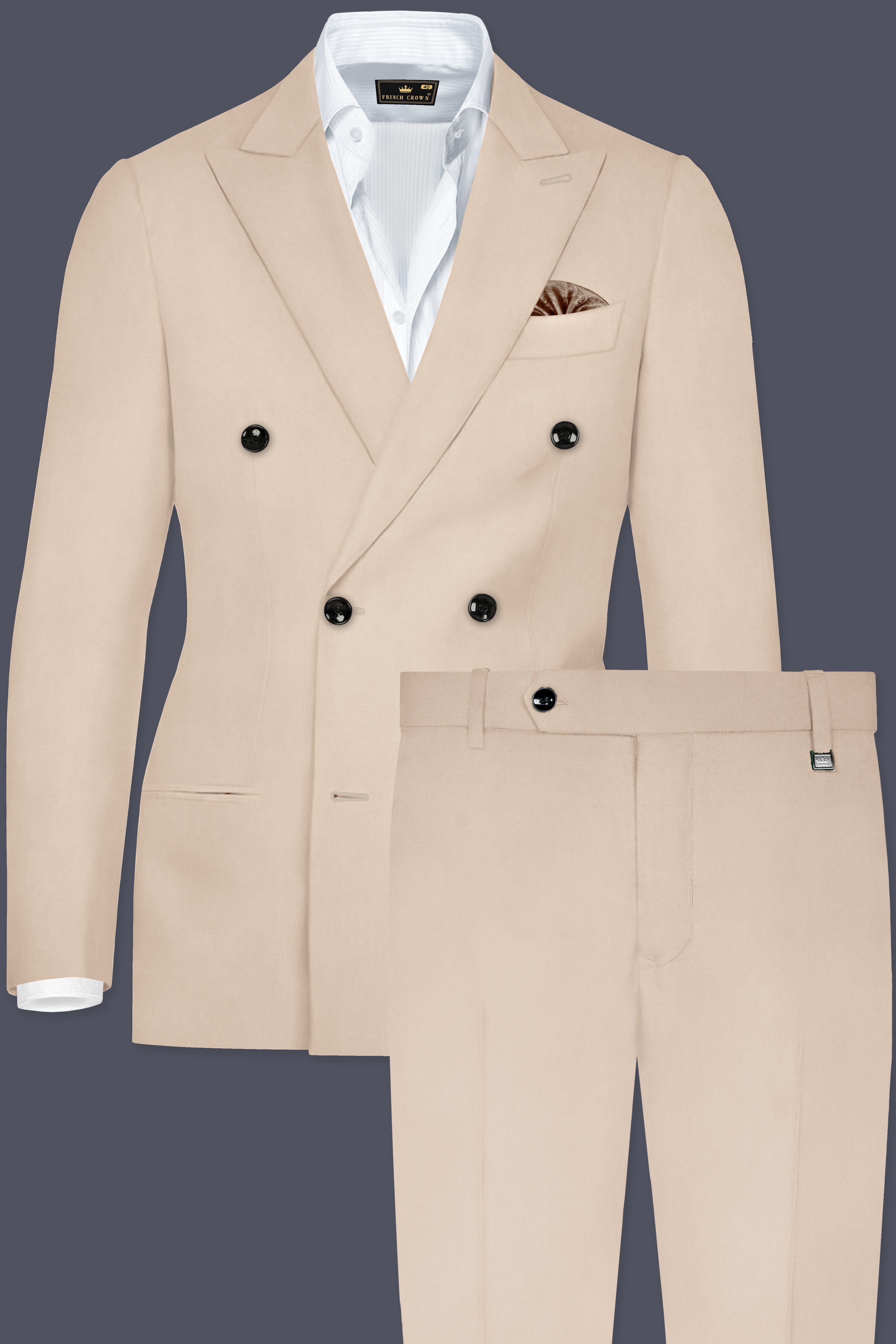 Almond Cream Solid Cotton Double Breasted Suit