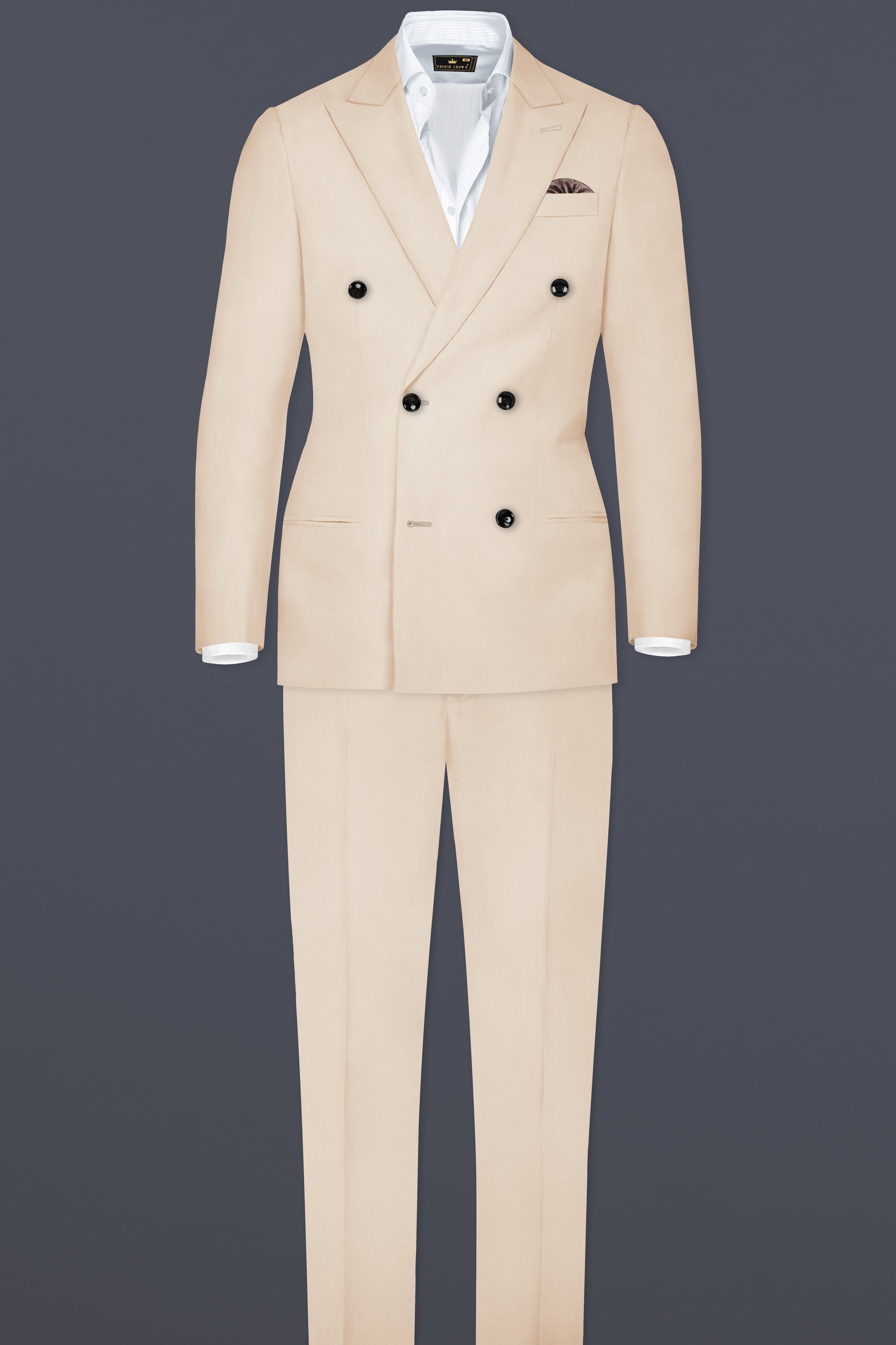 Almond Cream Solid Cotton Double Breasted Suit