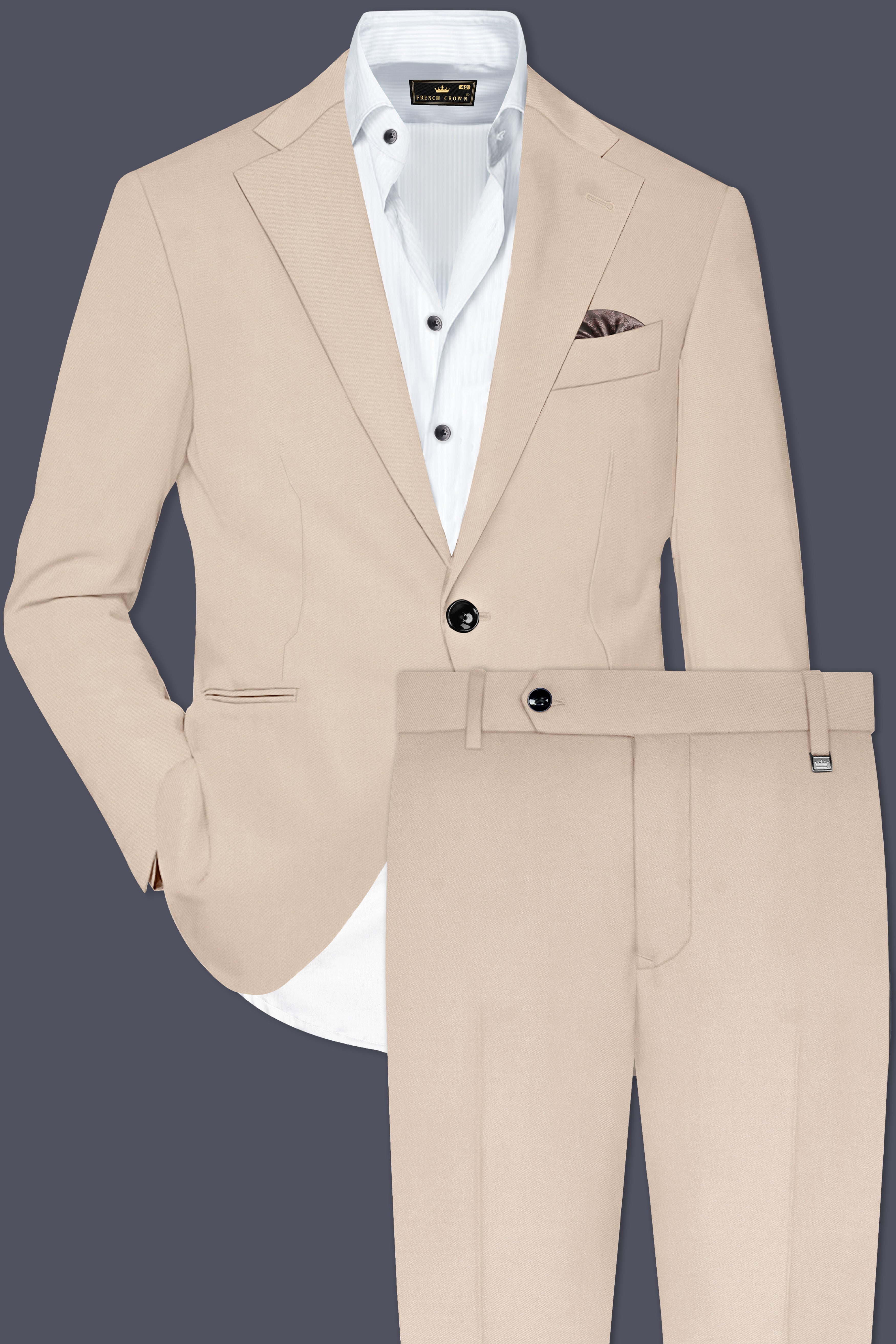 Almond Cream Solid Cotton Single Breasted Suit