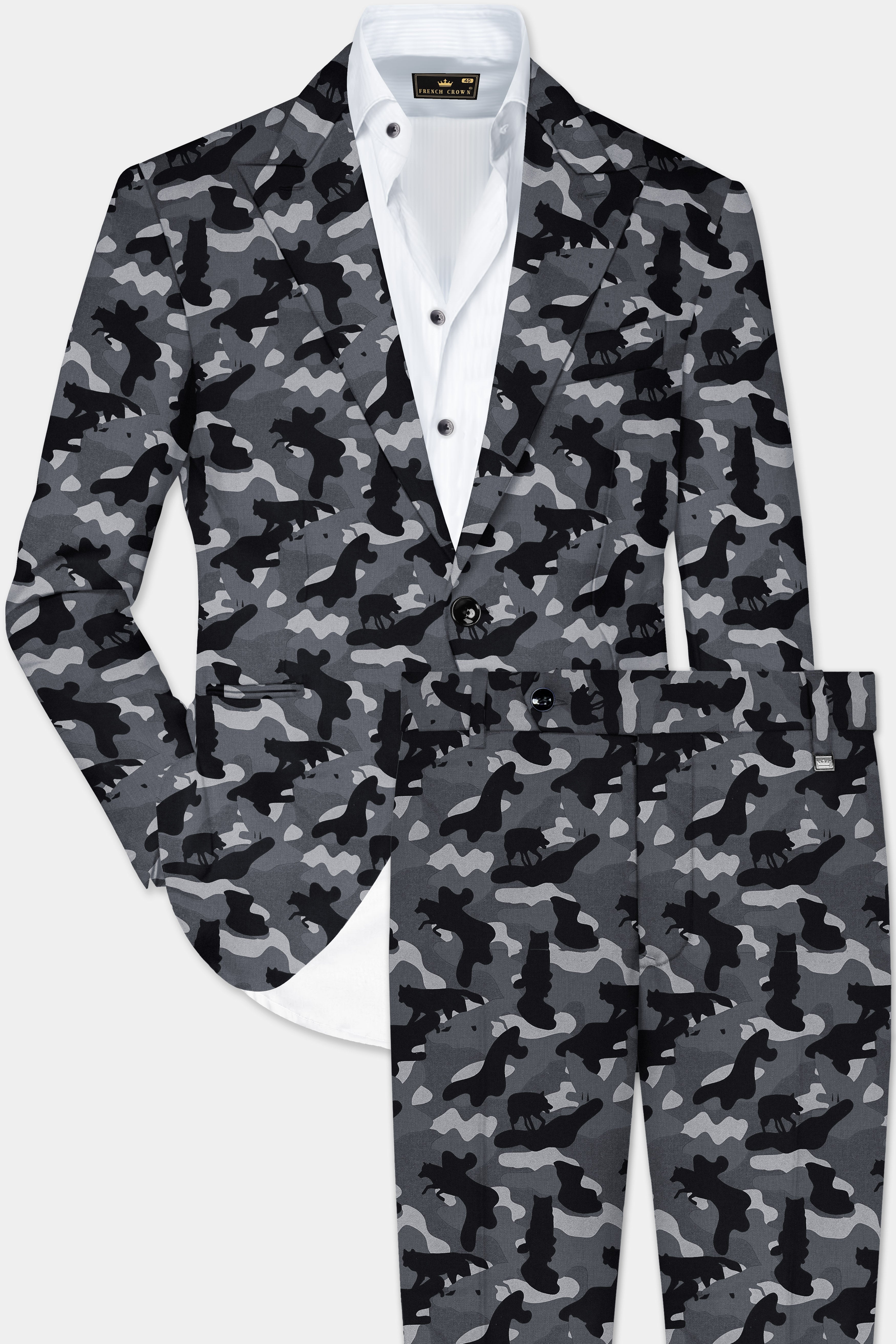 Carbon Gray And Cinder Black Camouflage Printed Cotton Single Breasted Suit