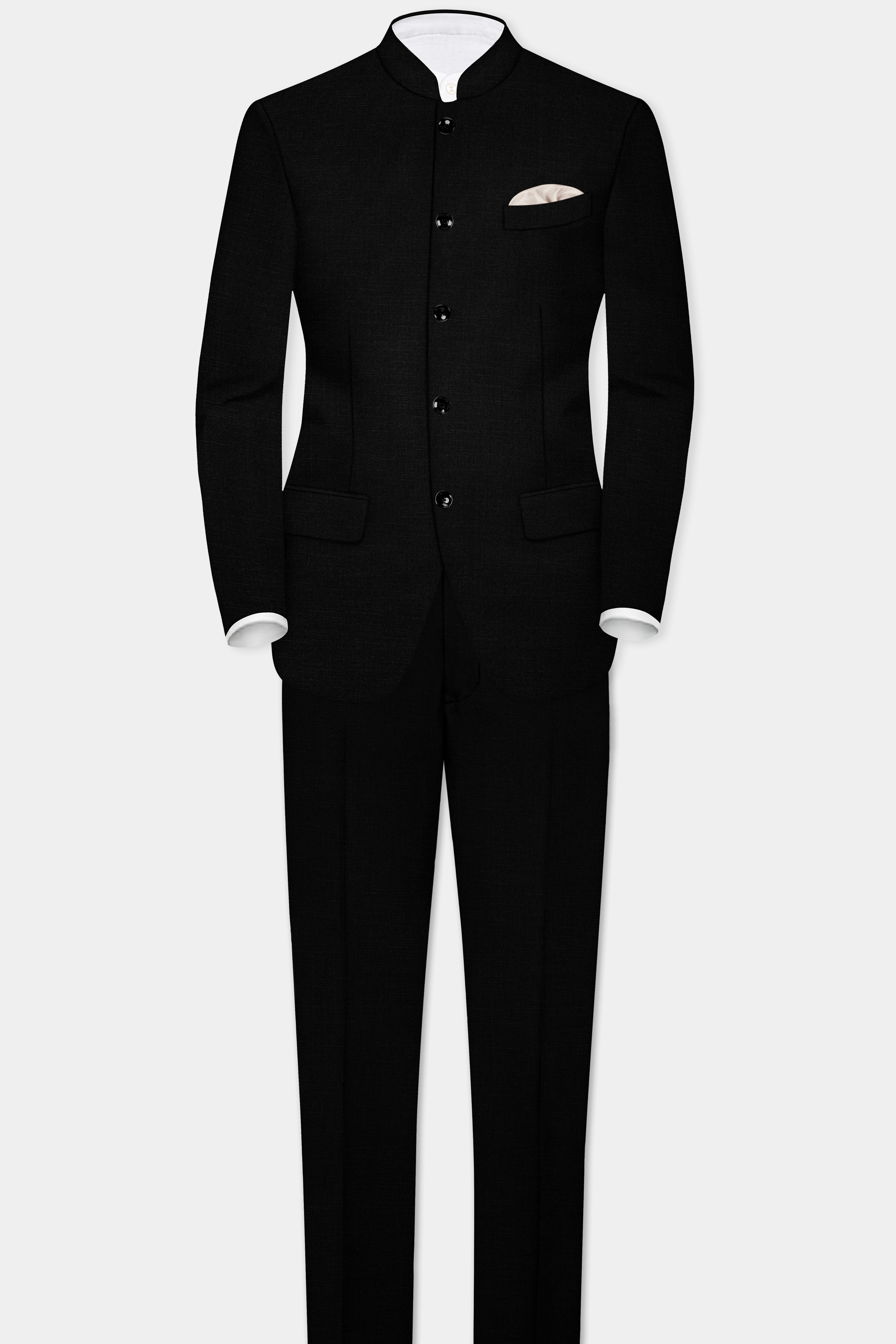 Jade Black Solid Wool Rich Bandhgala Stretchable traveler Suit