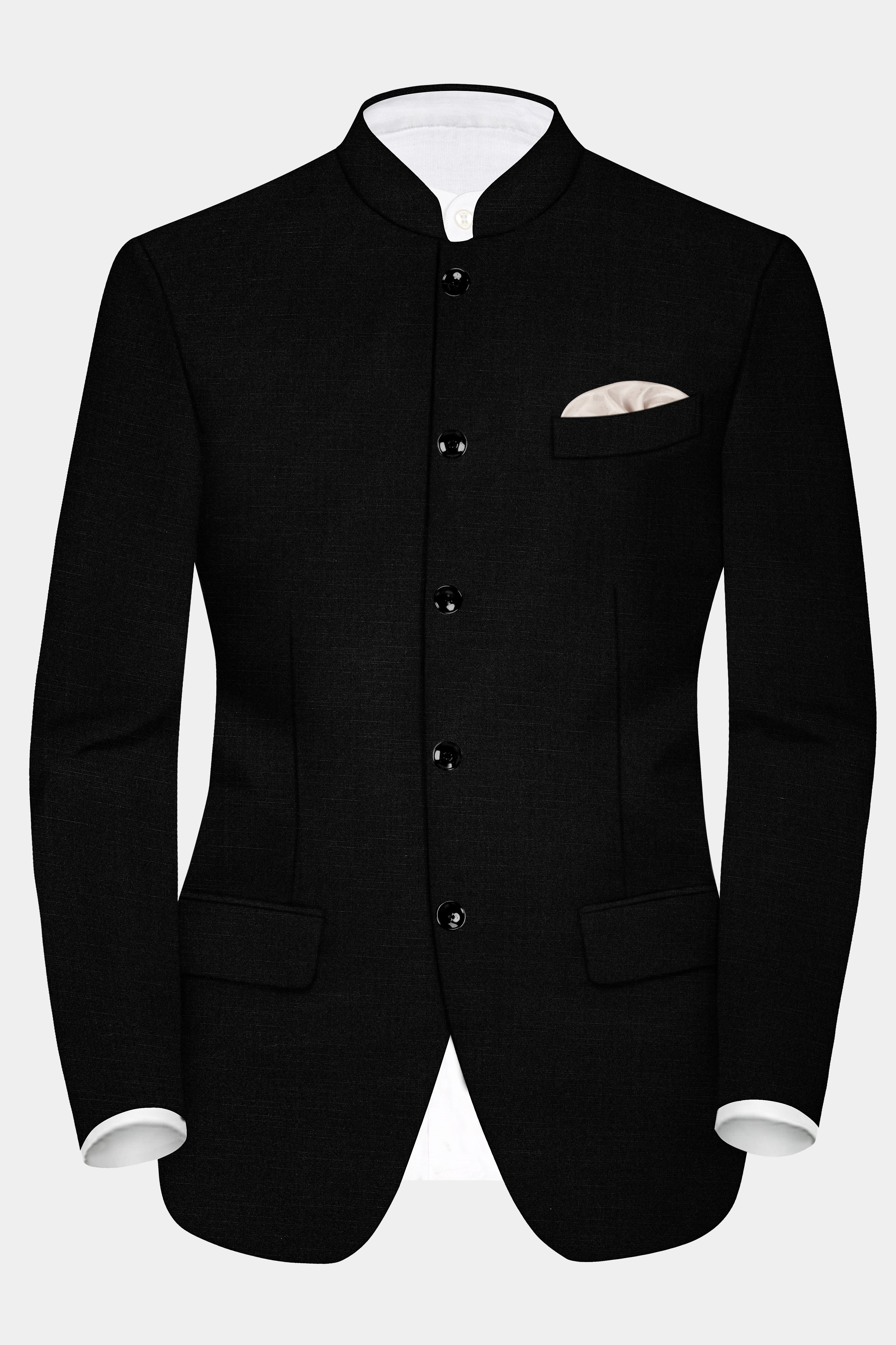 Jade Black Solid Wool Rich Bandhgala Stretchable traveler Suit