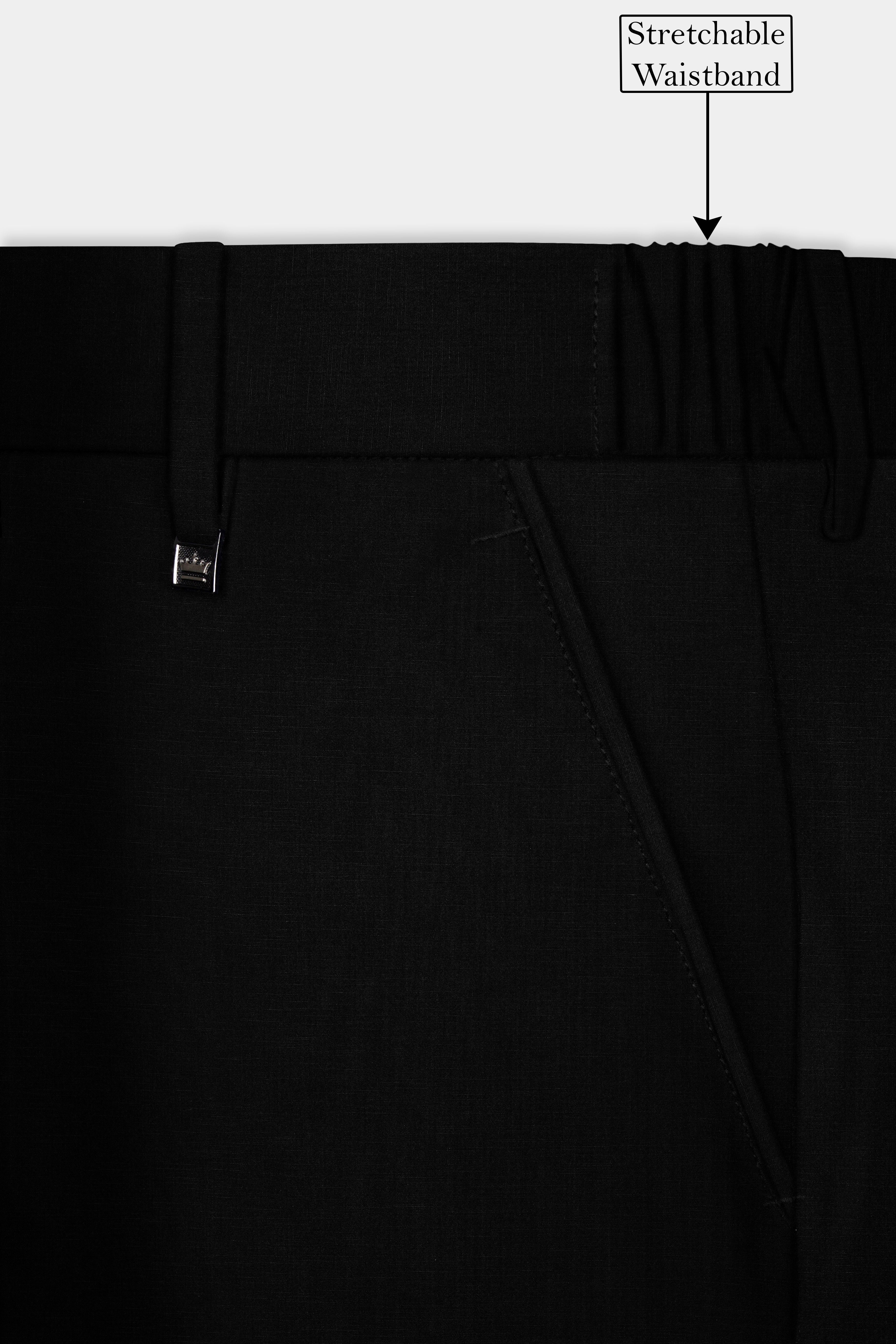 Jade Black Solid Wool Rich Cross Placket Bandhgala Stretchable traveler Suit