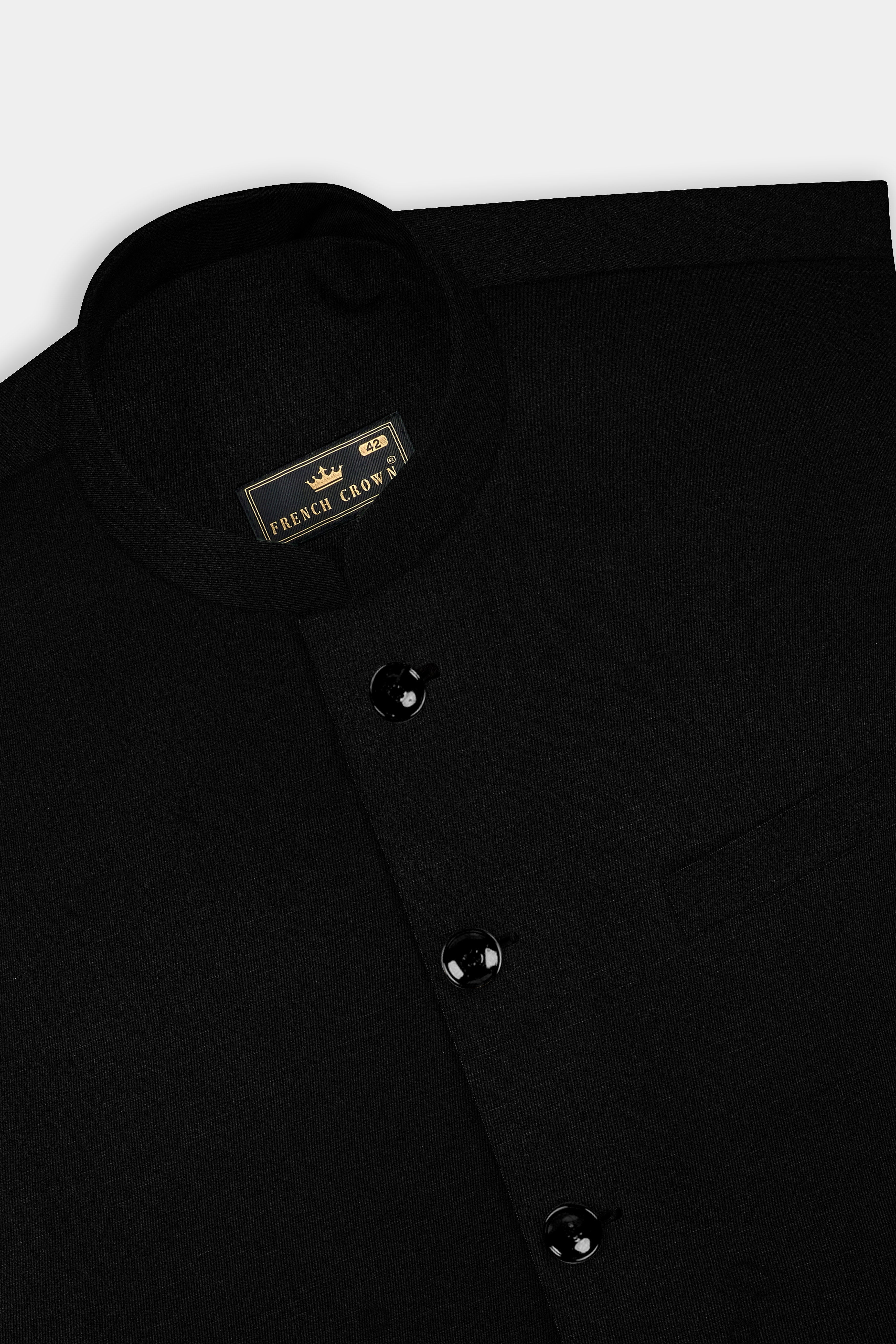 Jade Black Solid Wool Rich Cross Placket Bandhgala Stretchable traveler Suit
