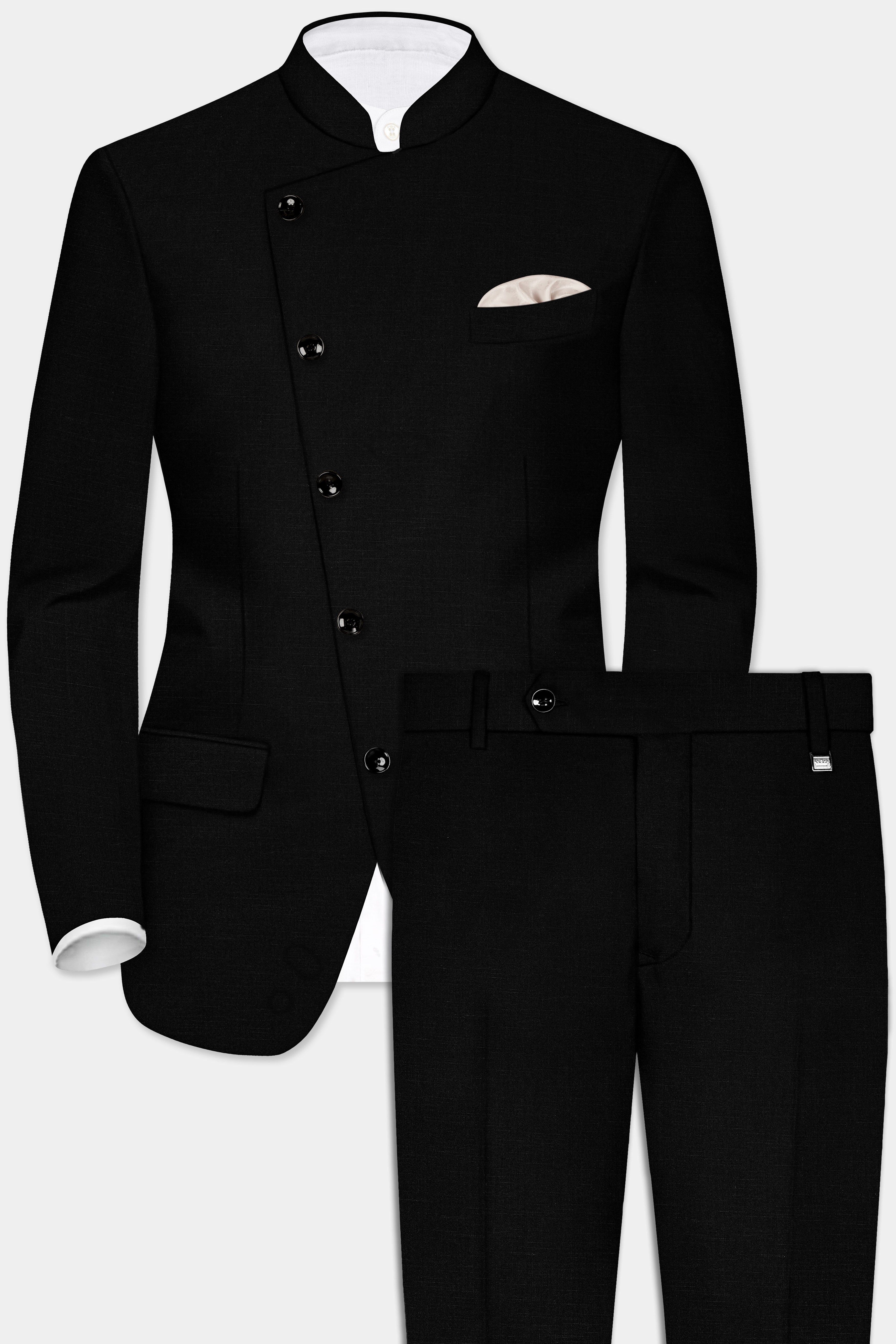 Jade Black Solid Wool Rich Cross Placket Bandhgala Stretchable traveler Suit