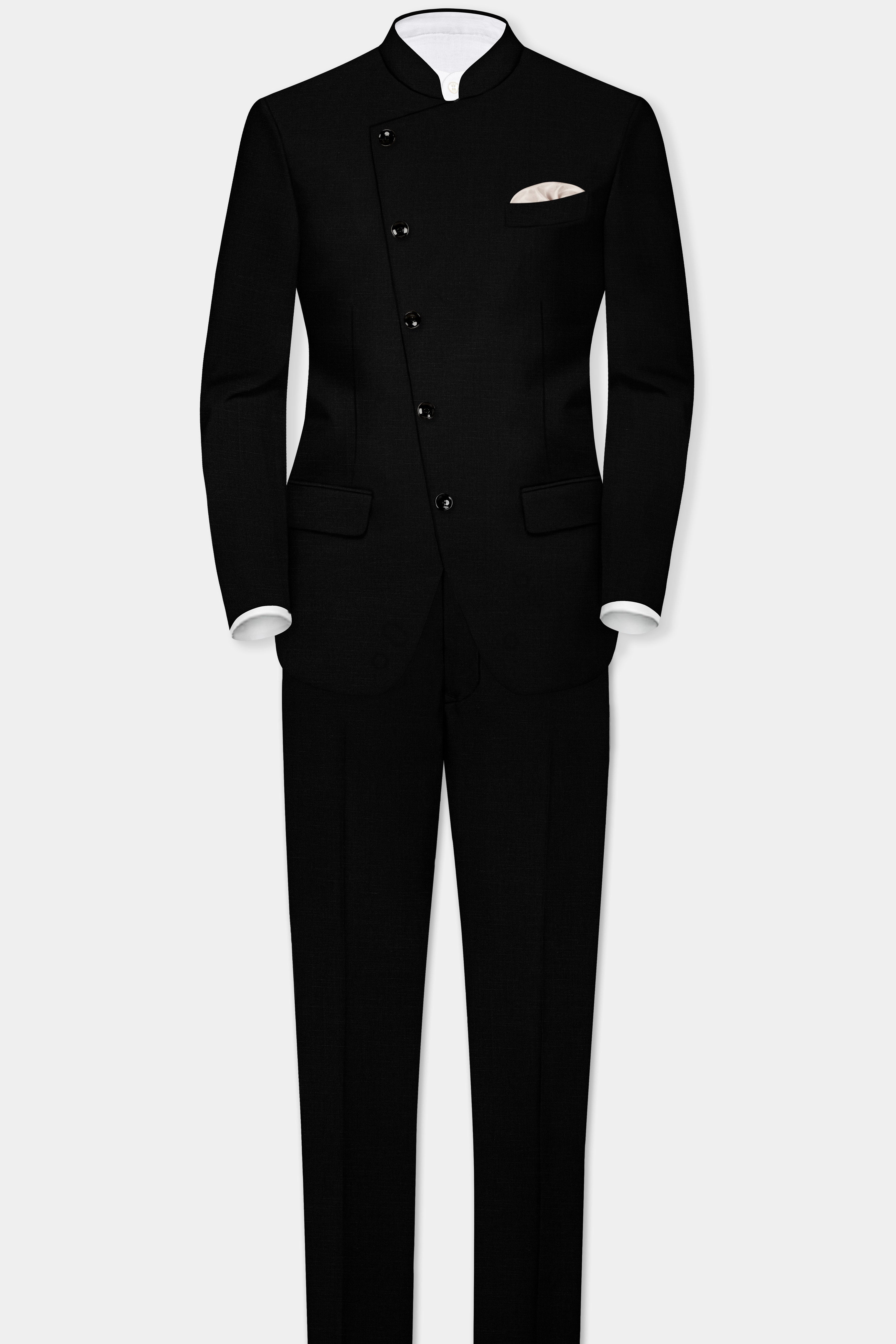 Jade Black Solid Wool Rich Cross Placket Bandhgala Stretchable traveler Suit