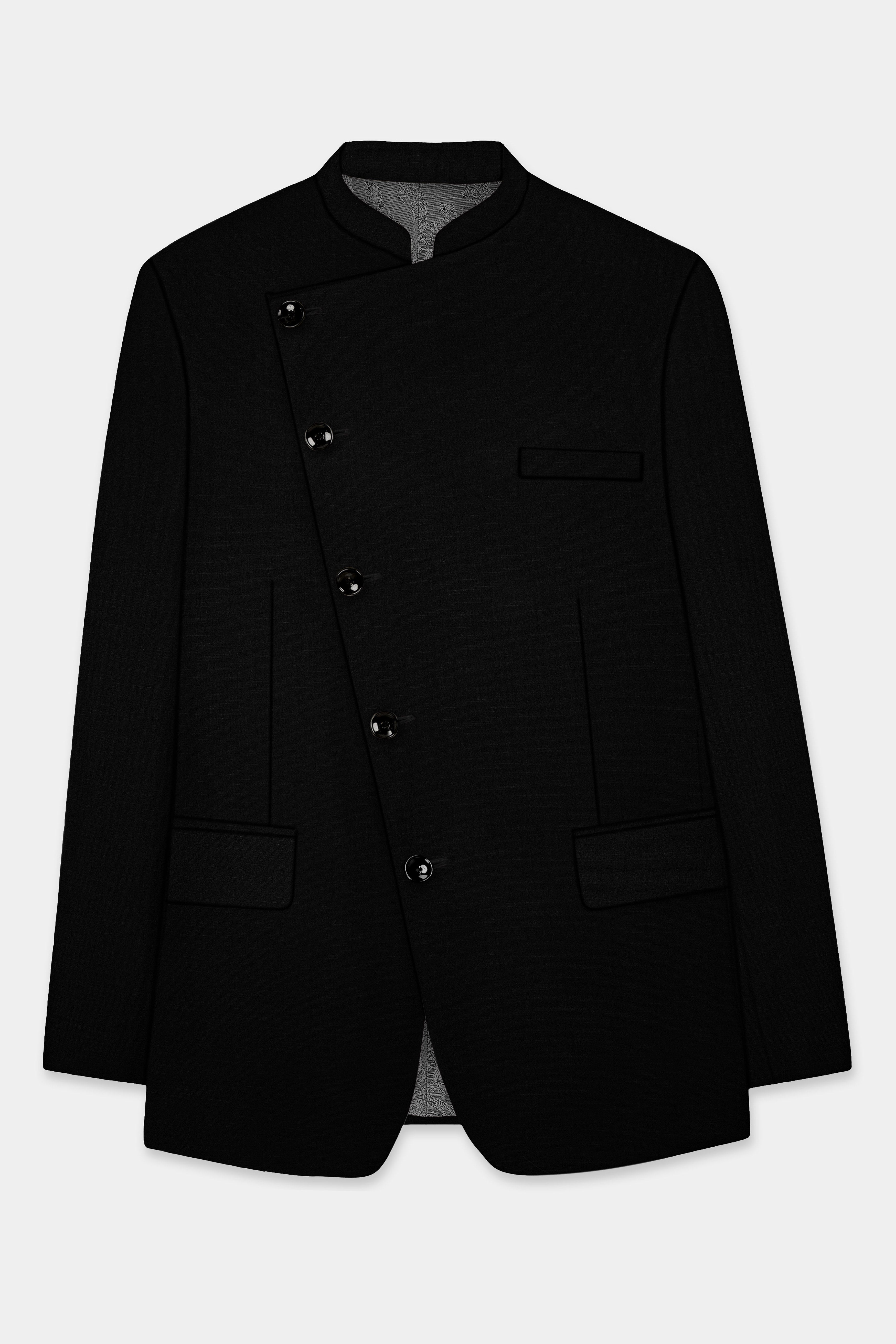 Jade Black Solid Wool Rich Cross Placket Bandhgala Stretchable traveler Suit