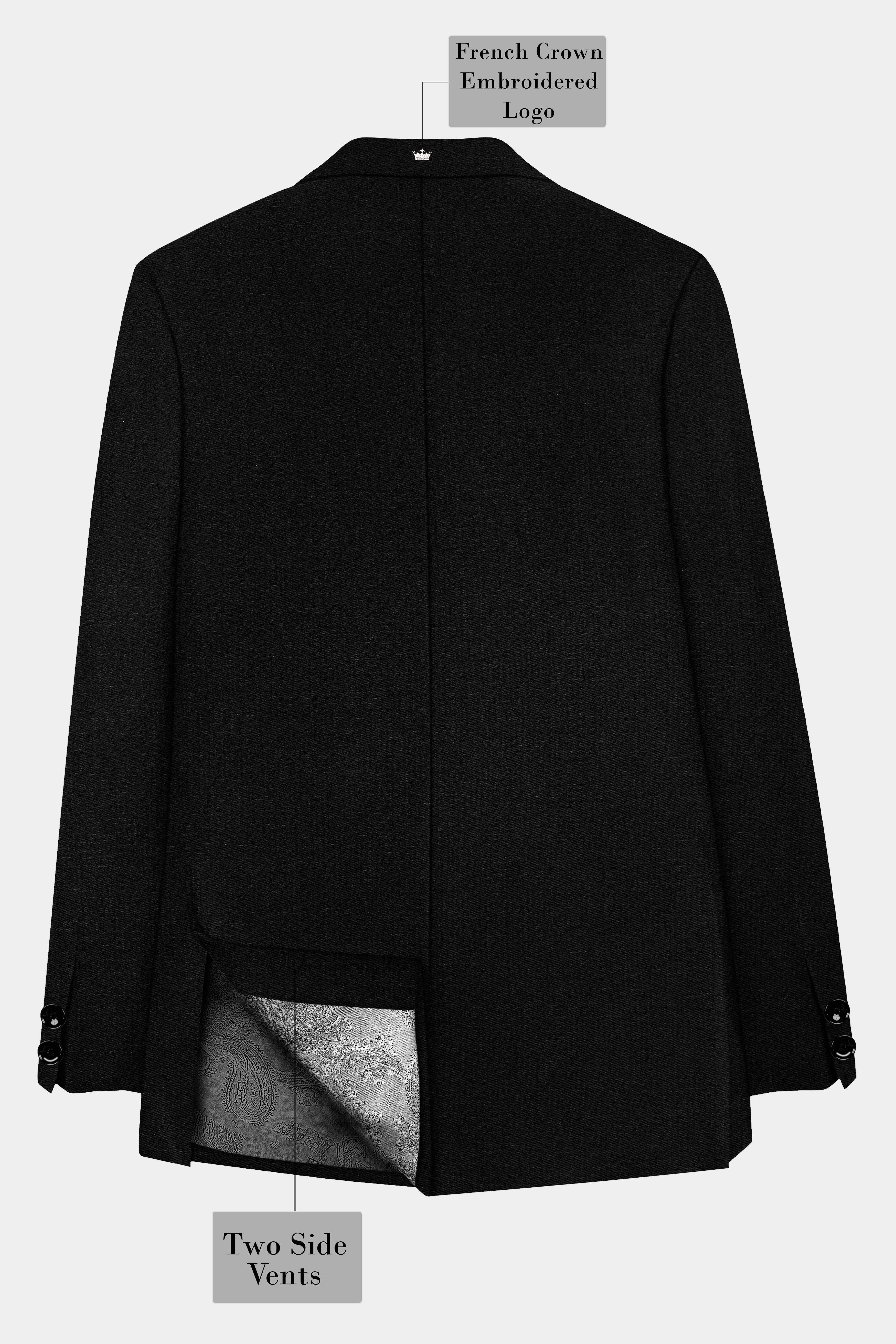 Jade Black Solid Wool Rich Cross Placket Bandhgala Stretchable traveler Suit