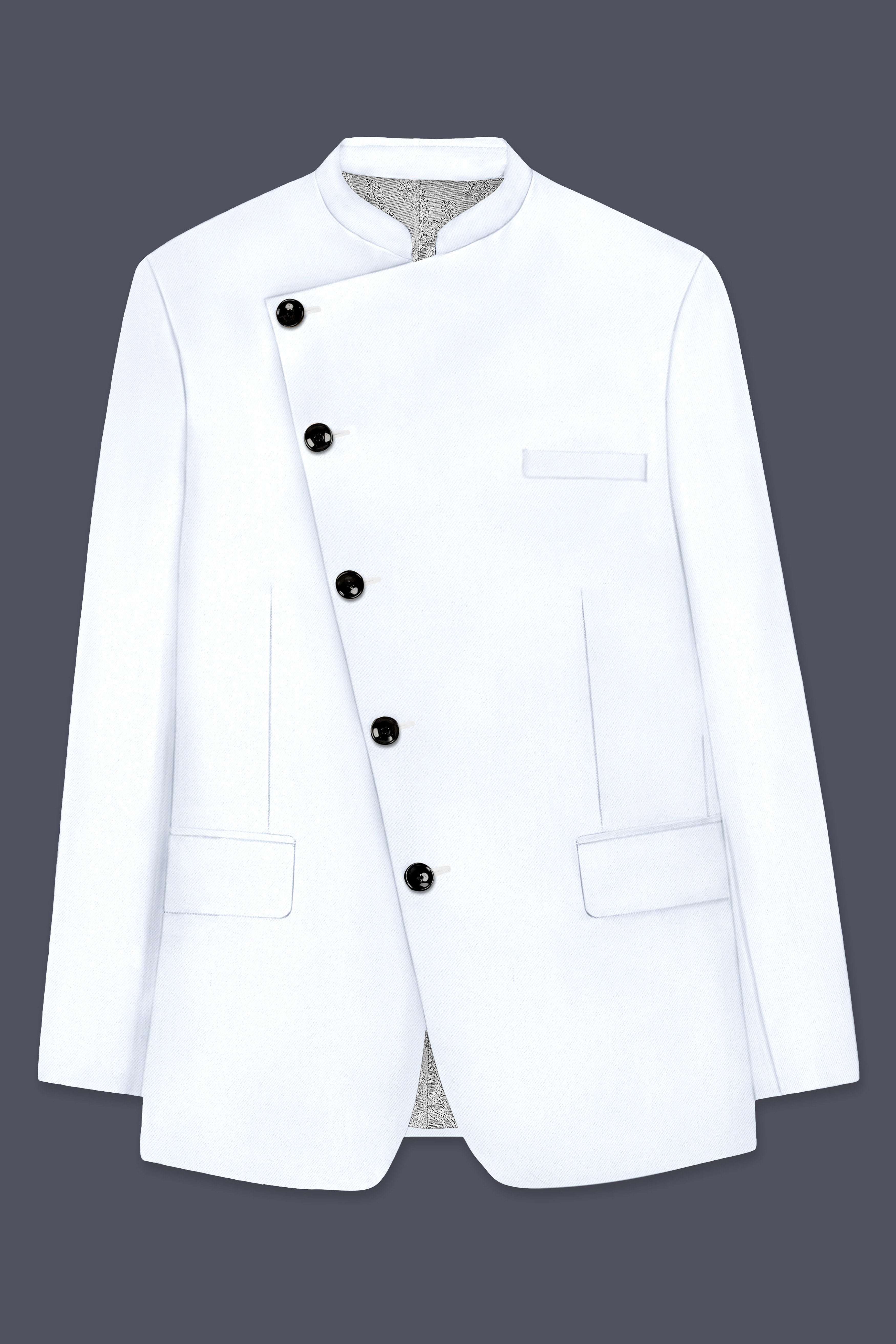 Bright White Solid Wool Rich Cross Placket Bandhgala Stretchable traveler Suit