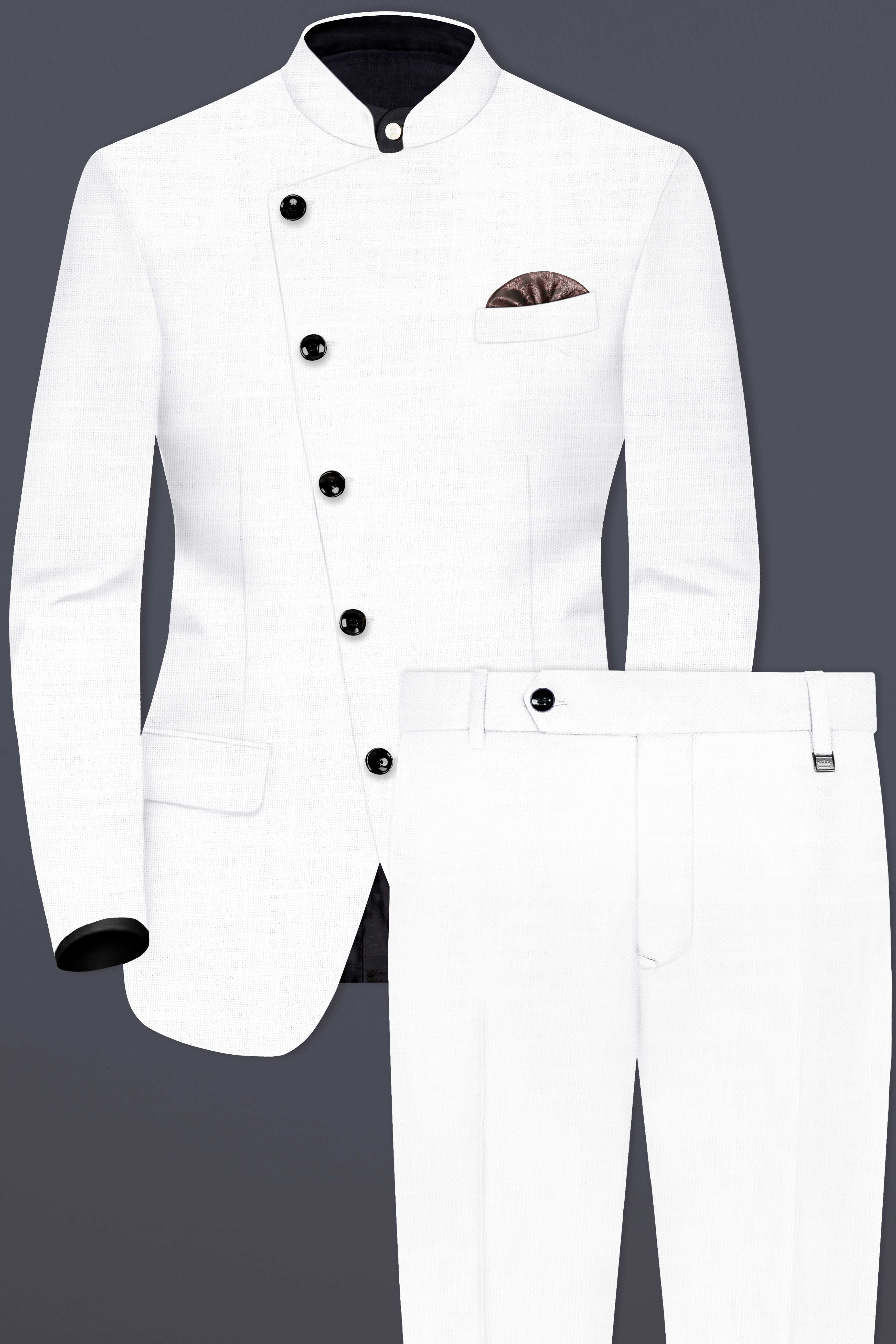 Bright White Solid Wool Rich Cross Placket Bandhgala Luxurious Linen Suit