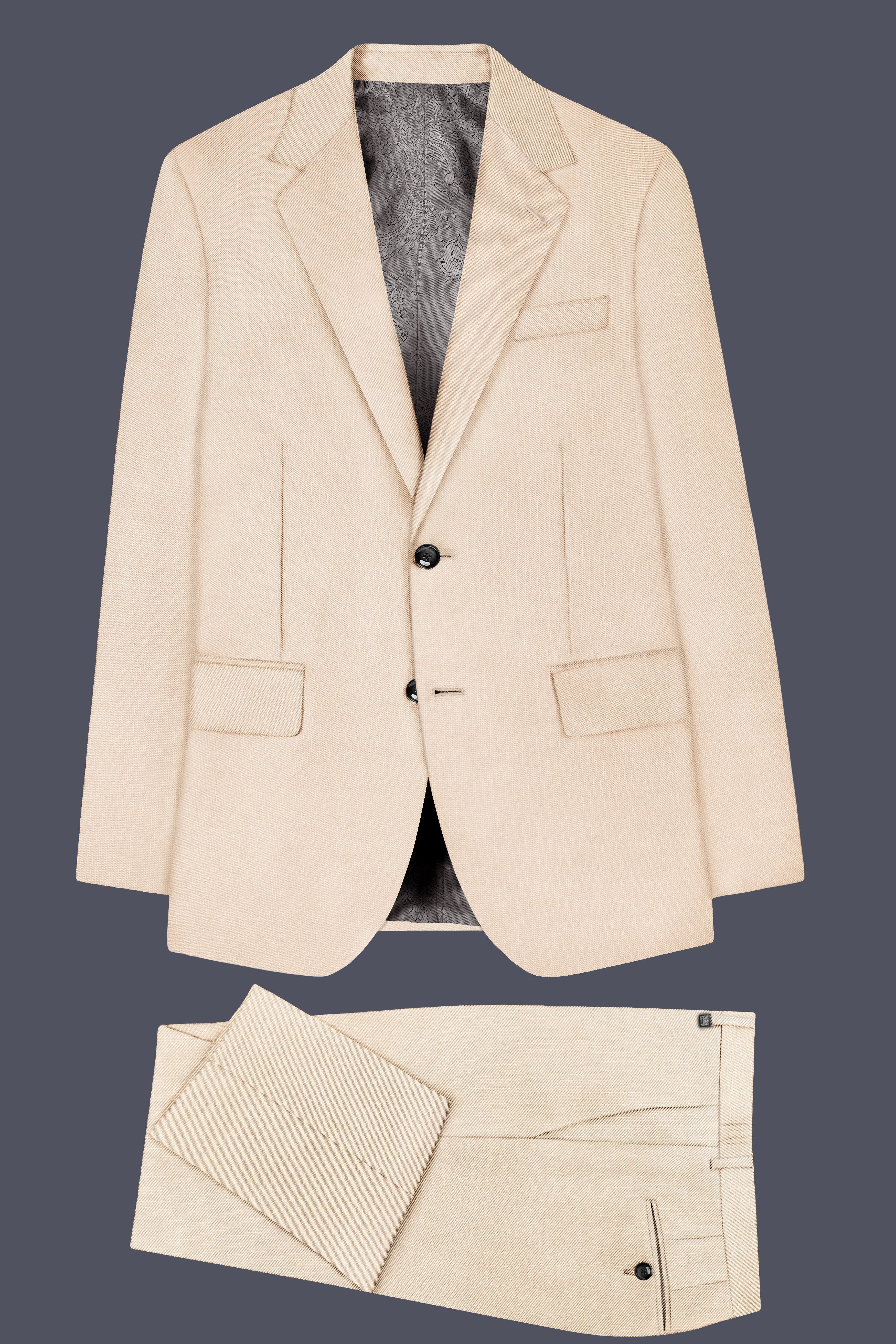 Biscotti-Parchment Cream Solid Wool Rich Single Breasted Stretchable traveler Suit