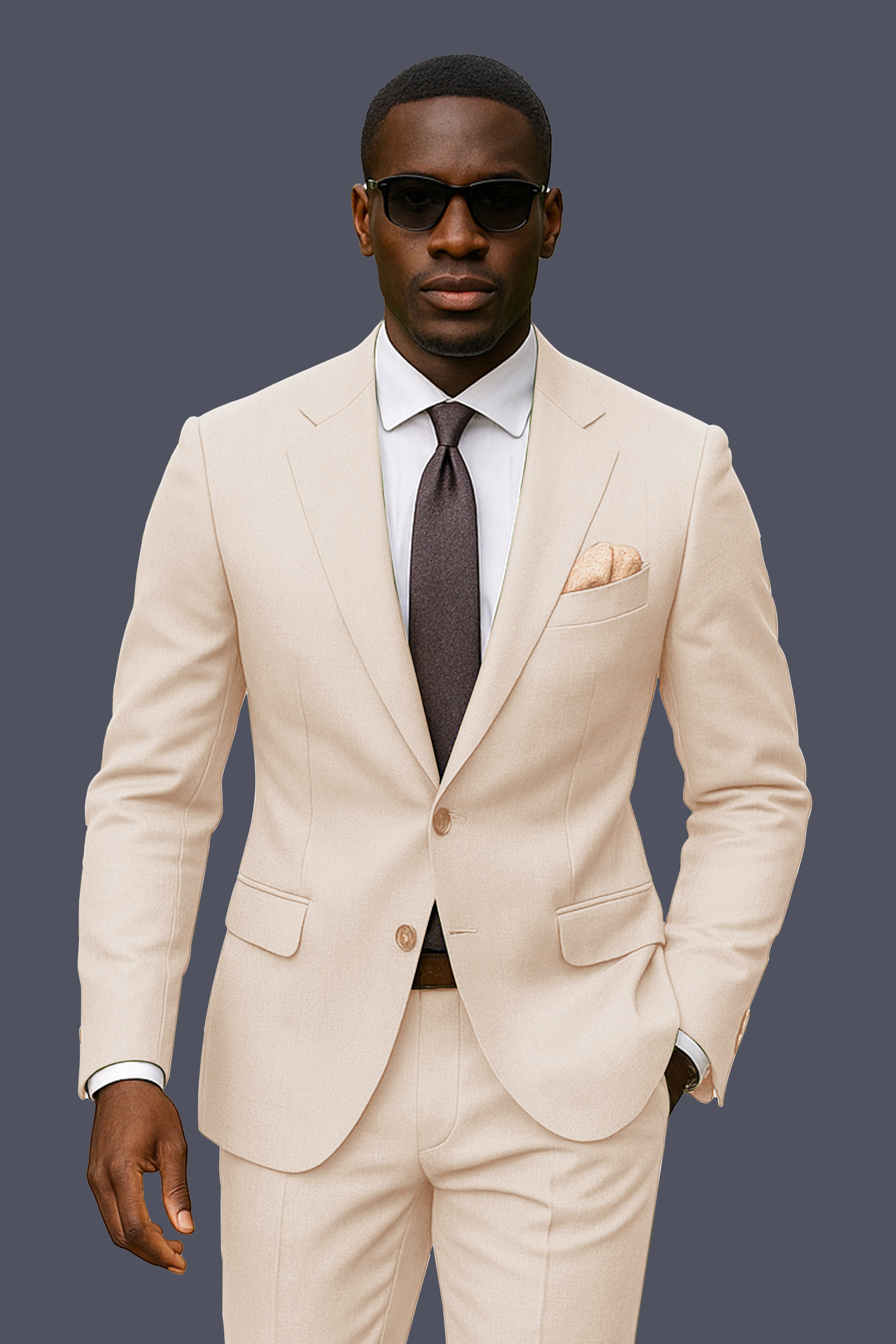 Biscotti-Parchment Cream Solid Wool Rich Single Breasted Stretchable traveler Suit