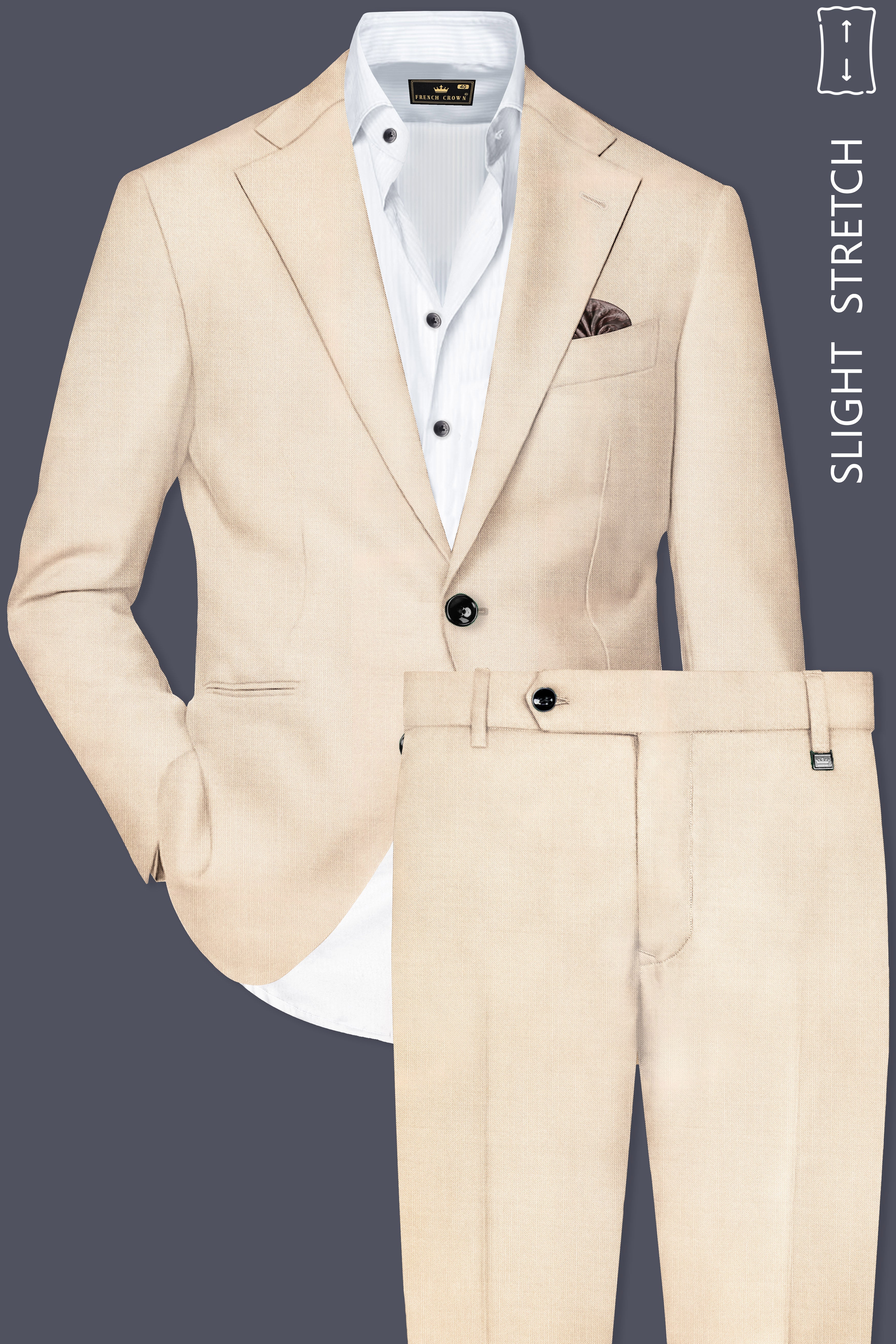 Biscotti-Parchment Cream Solid Wool Rich Single Breasted Slight Stretch Suit