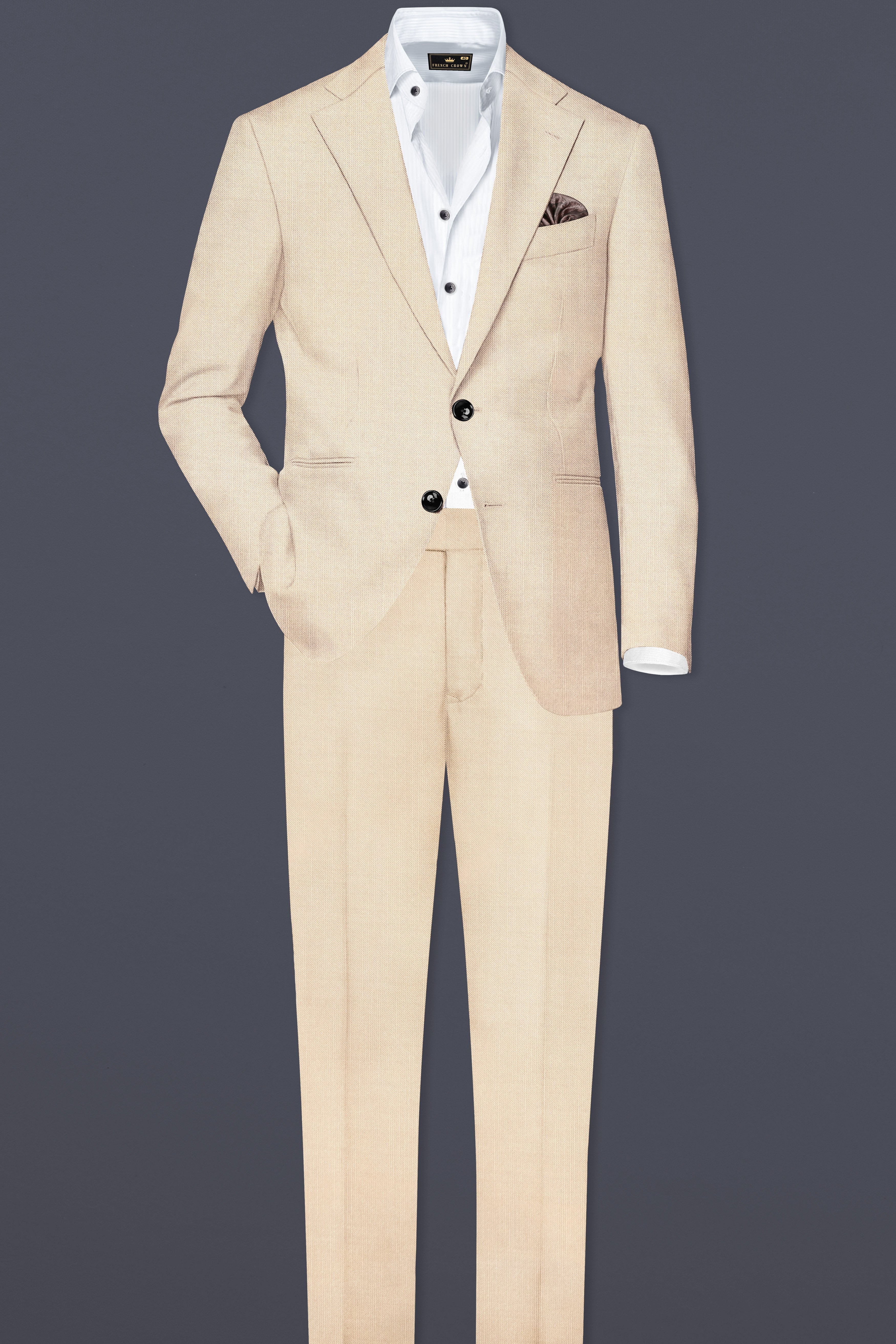 Biscotti-Parchment Cream Solid Wool Rich Single Breasted Stretchable traveler Suit