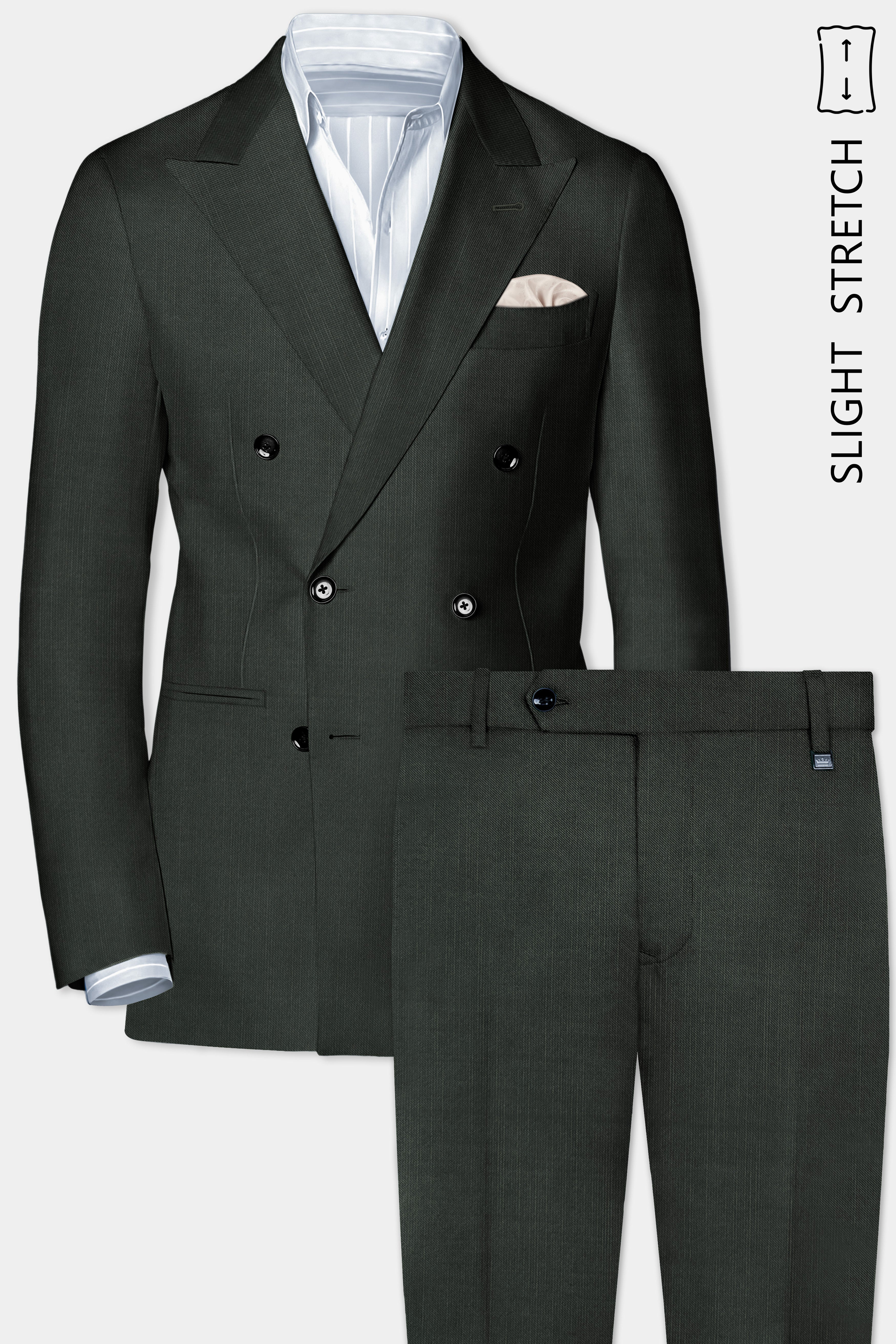 Shafton-Mine Shaft Green Solid Wool Rich Double Breasted Slight Stretch Suit