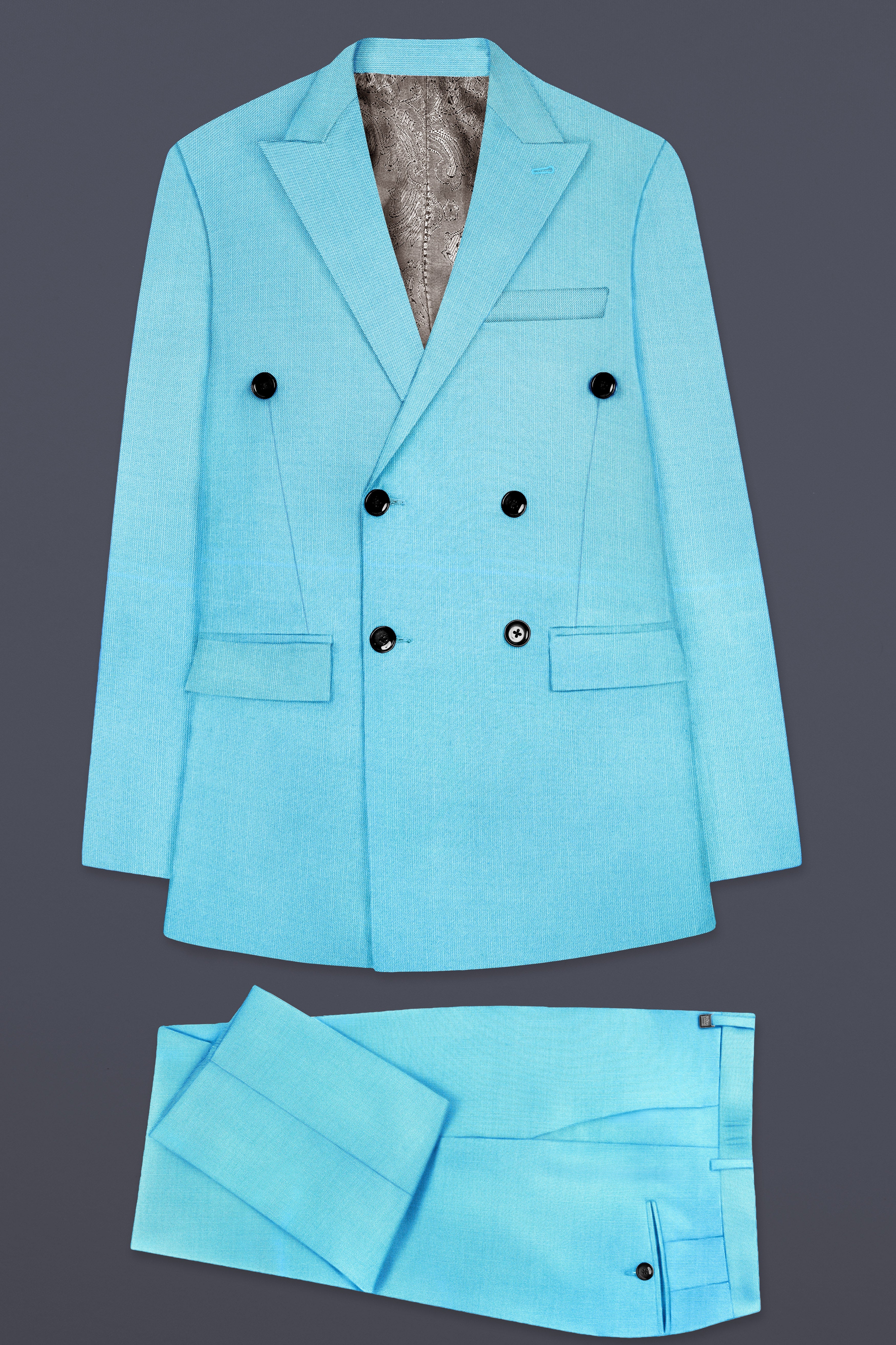 Iceland-Aquamarine Blue Solid Wool Rich Double Breasted Stretchable traveler Suit