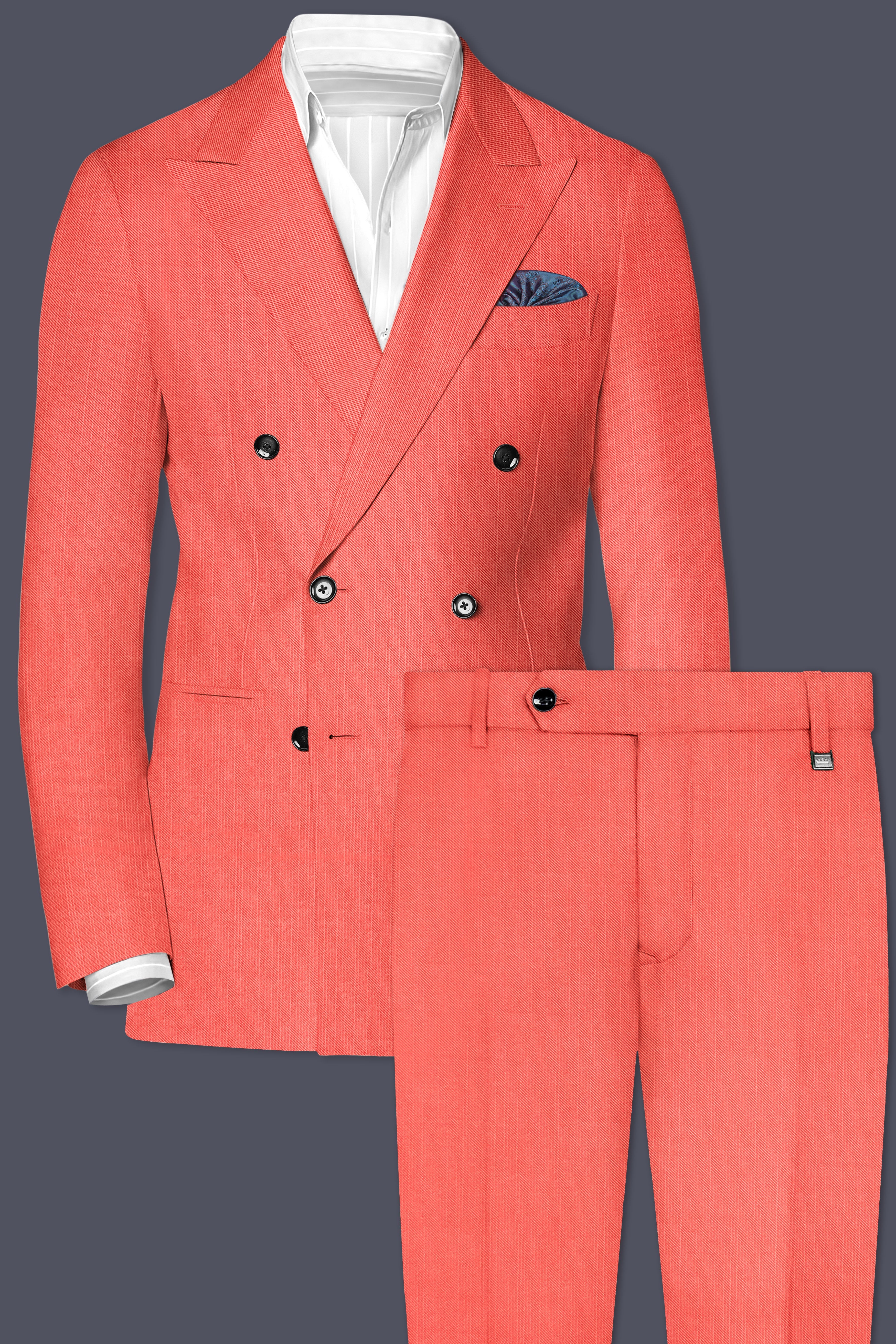 Aurora-Salmon Orange Solid Wool Rich Double Breasted Slight Stretch Suit