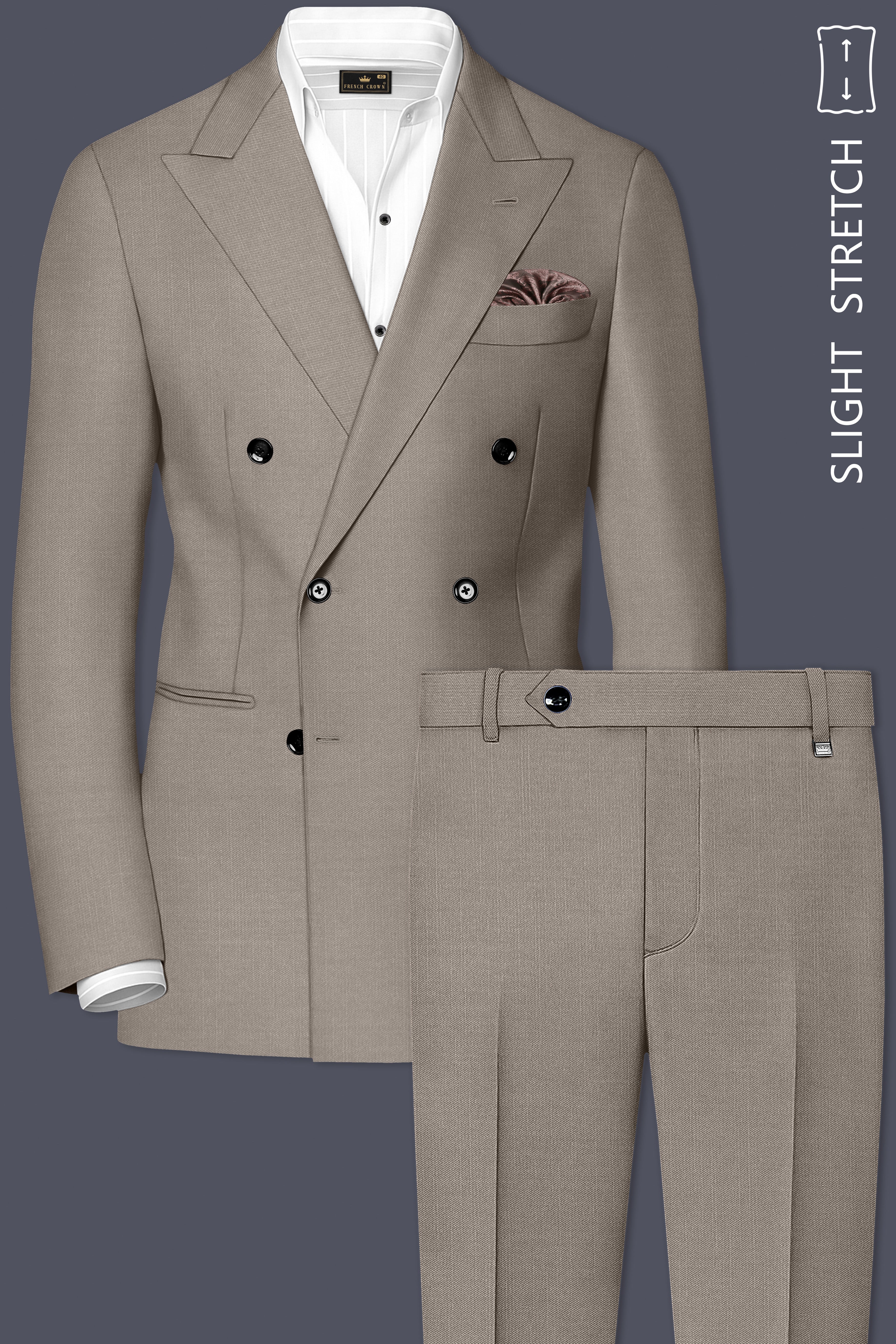 Amour-Dusty Brown Solid Wool Rich Double Breasted Slight Stretch Suit