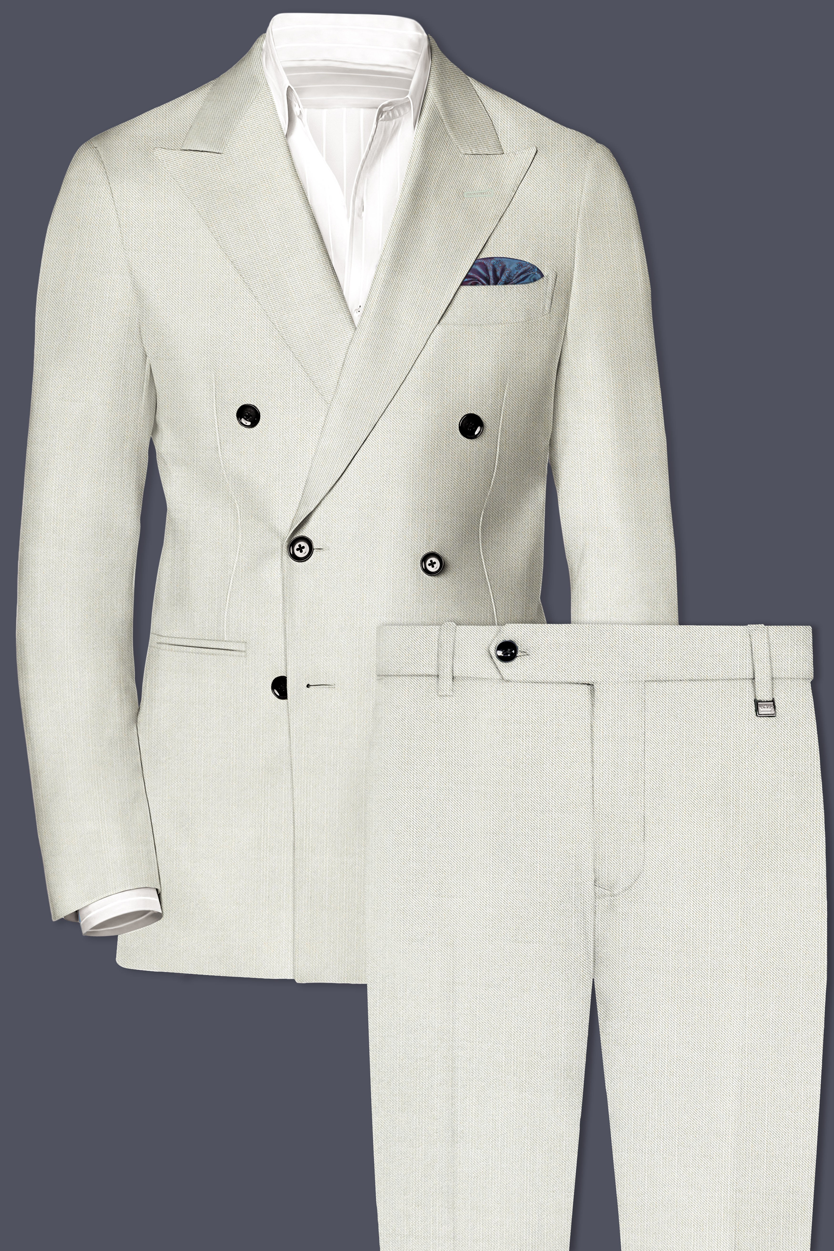 Mist-Swirl Gray Solid Wool Rich Double Breasted Slight Stretch Suit