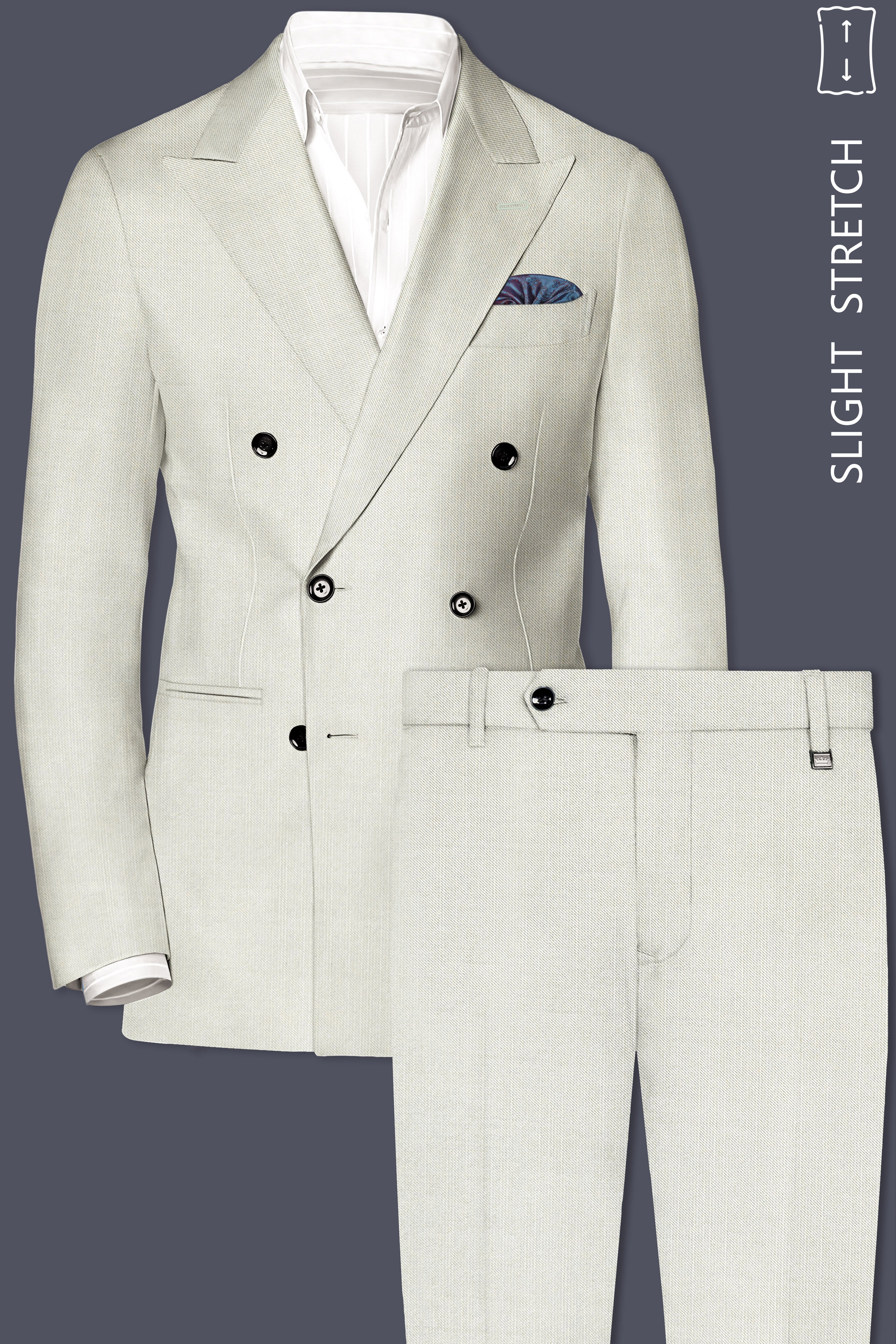 Mist-Swirl Gray Solid Wool Rich Double Breasted Slight Stretch Suit