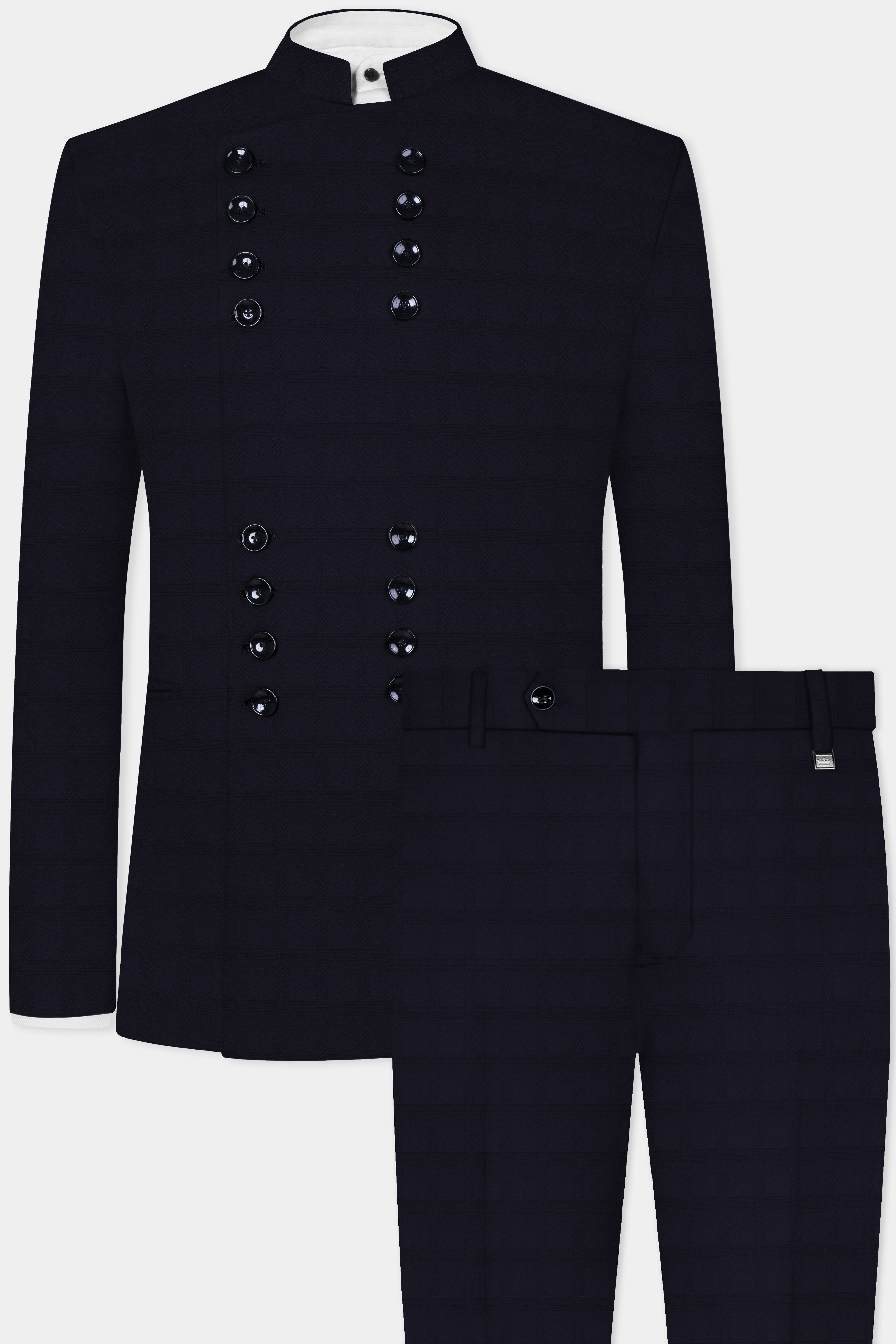 Cinder Blue Textured Wool Rich Bandhgala Designer Suit