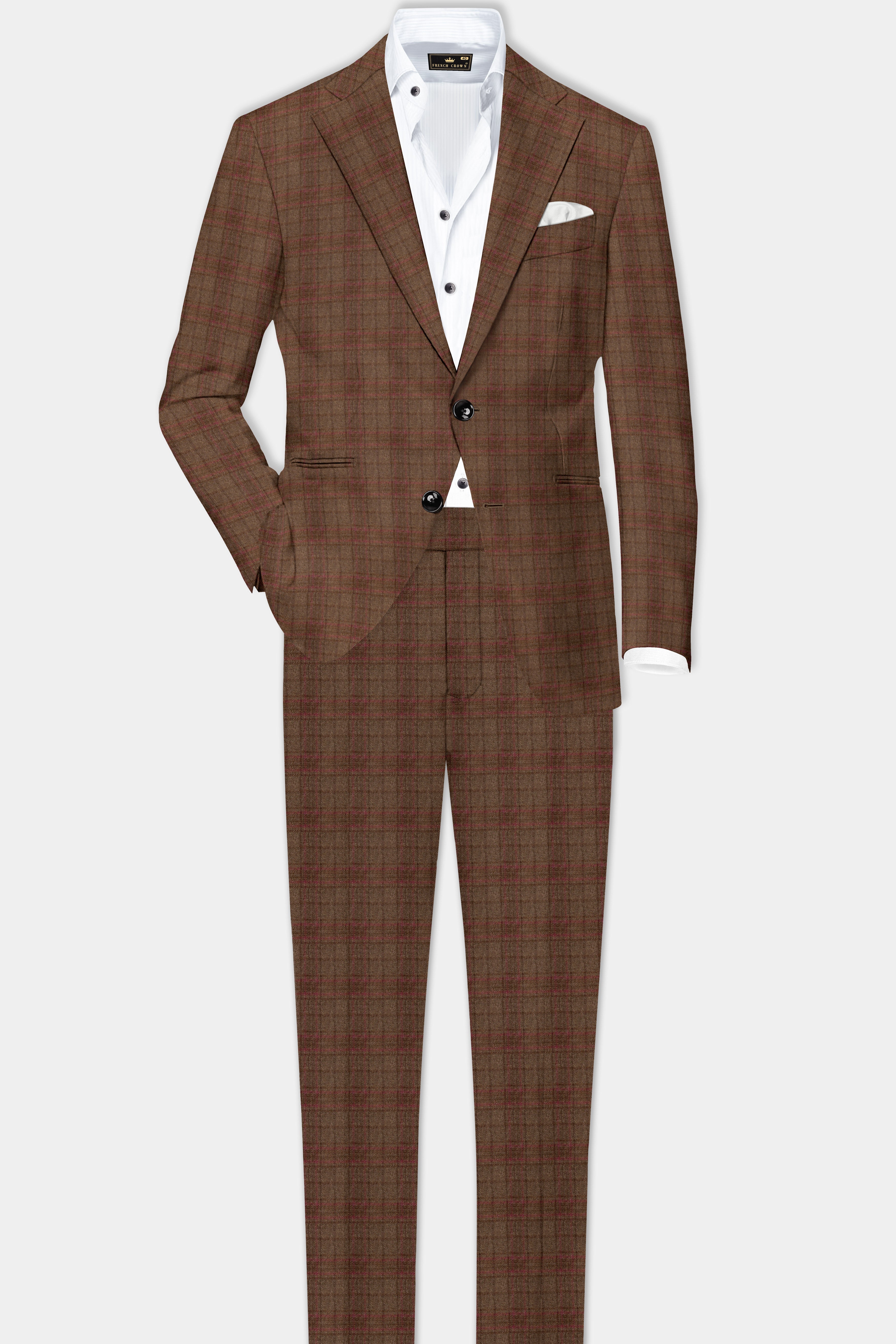 Cango Brown Plaid Wool Rich Single Breasted Suit