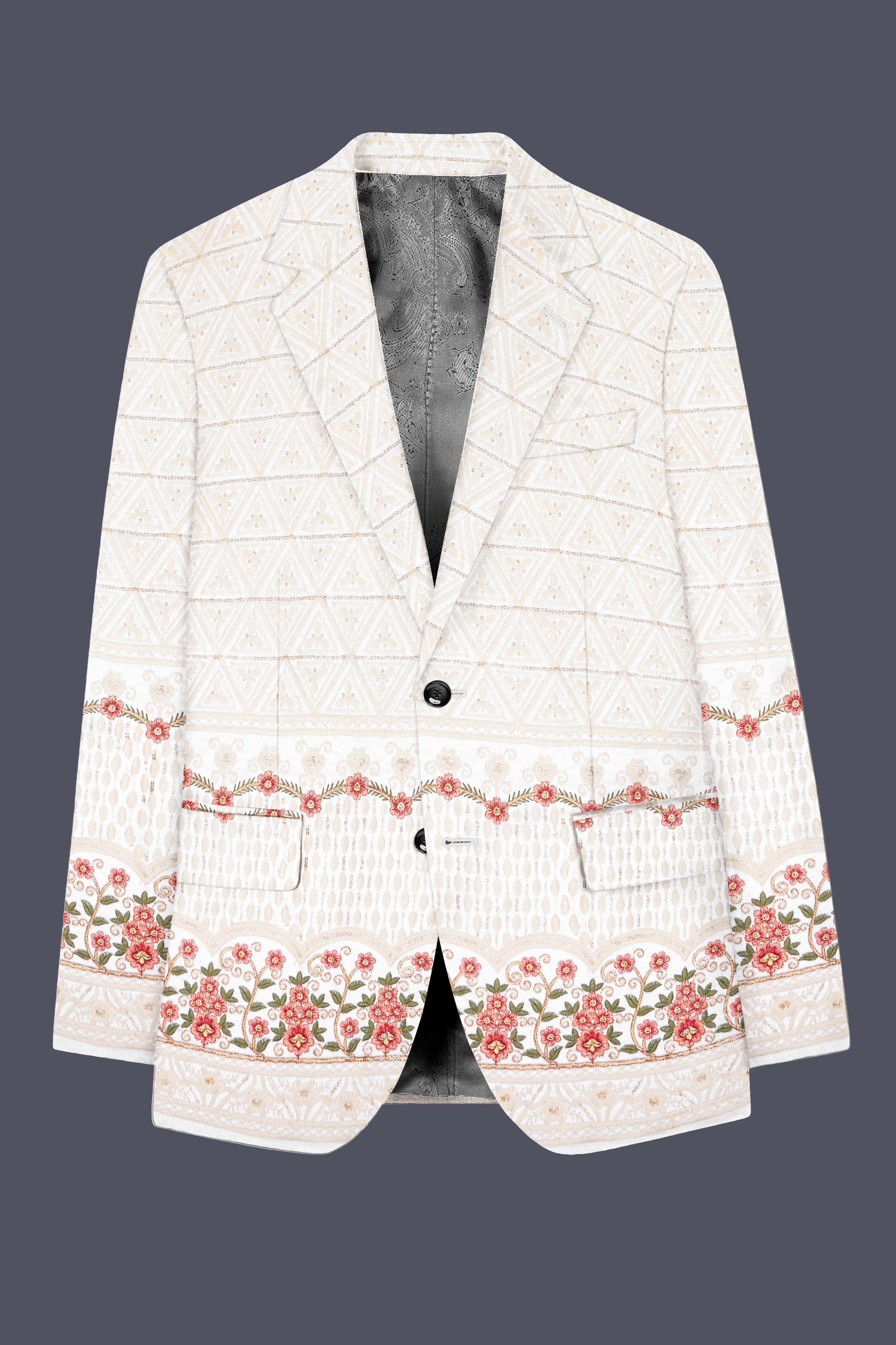 Bright White And Apricot Peach Multicolor Sequin and thread Embroidered Single Breasted Suit