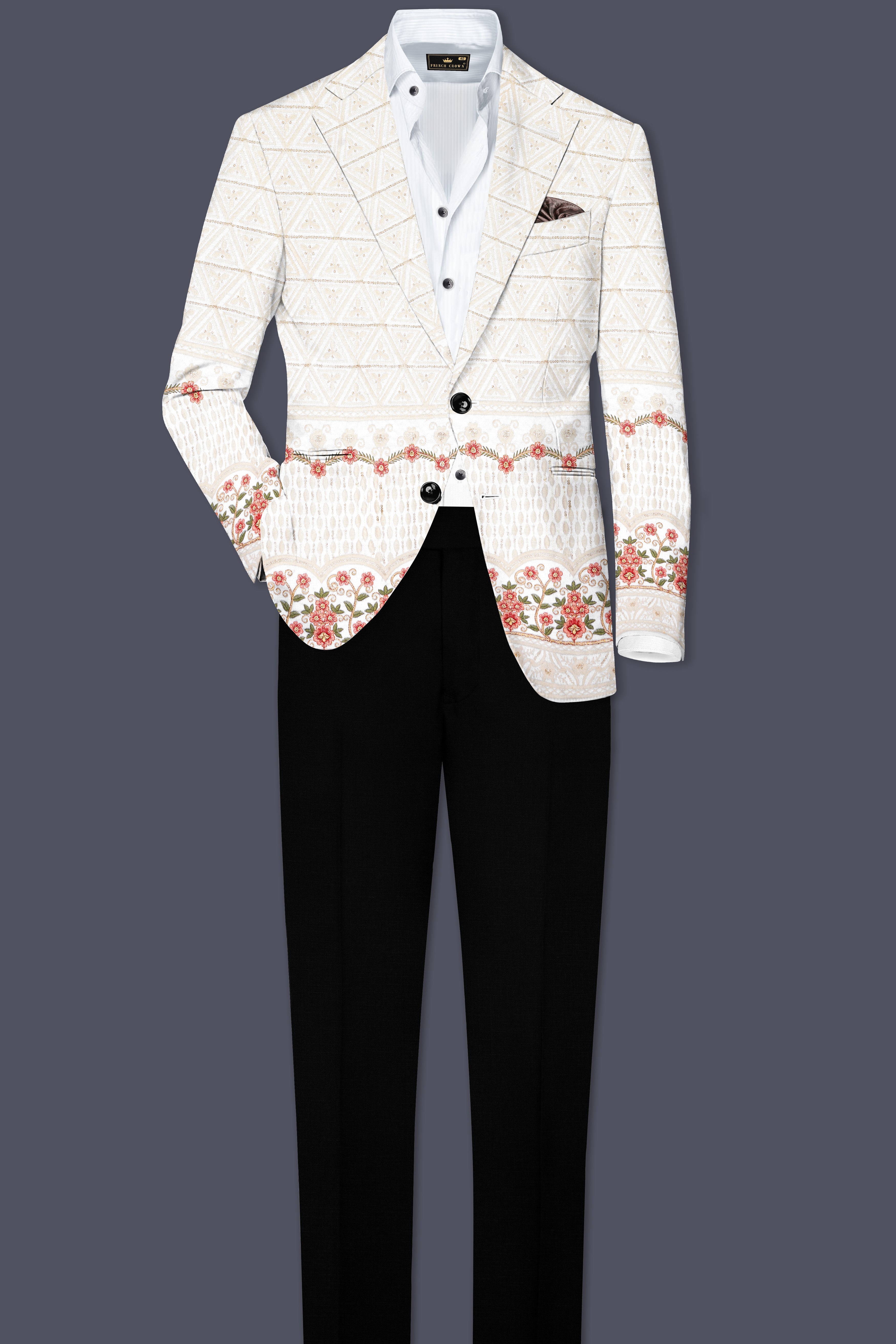 Bright White And Apricot Peach Multicolor Sequin and thread Embroidered Single Breasted Suit