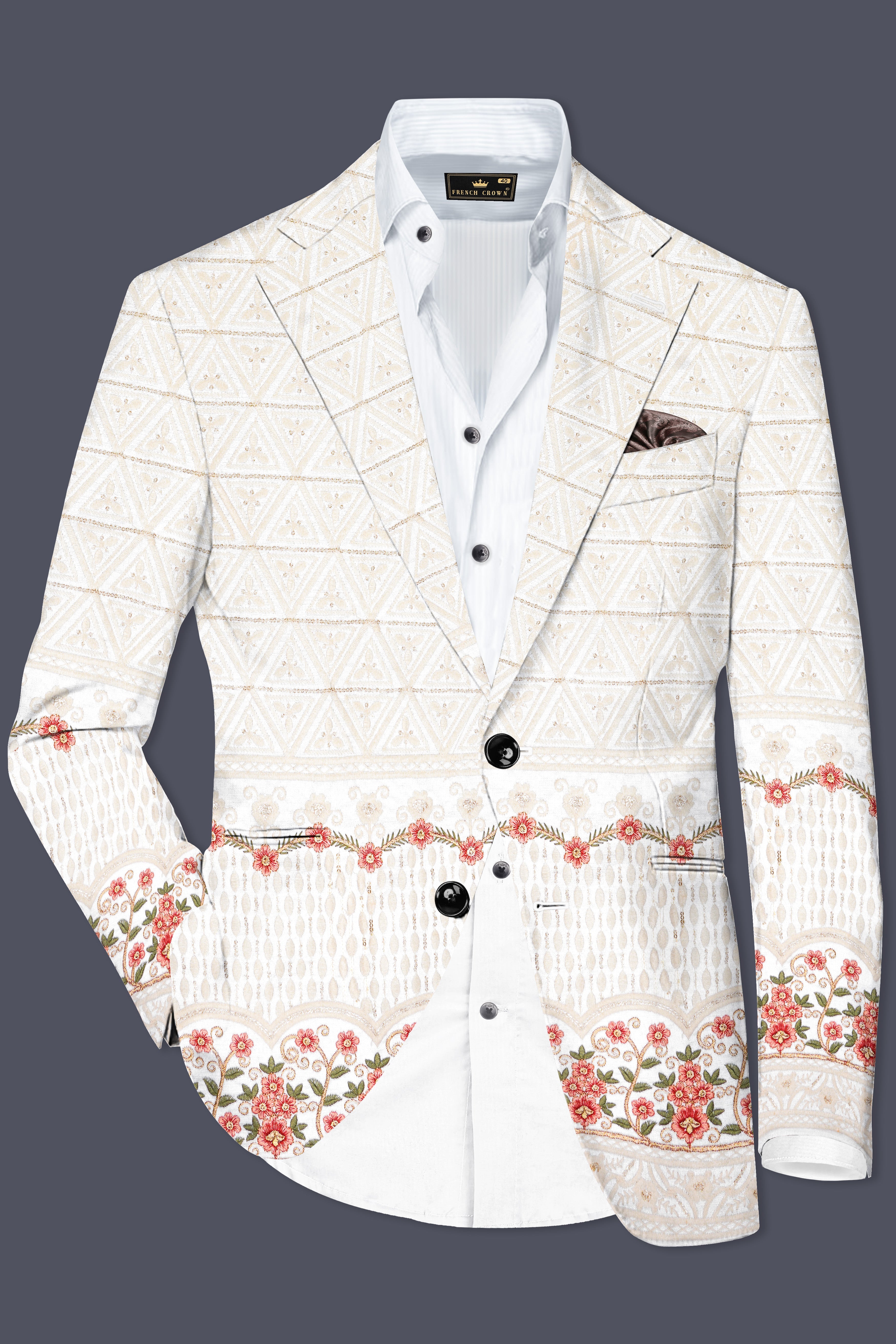 Bright White And Apricot Peach Multicolor Sequin and thread Embroidered Single Breasted Suit