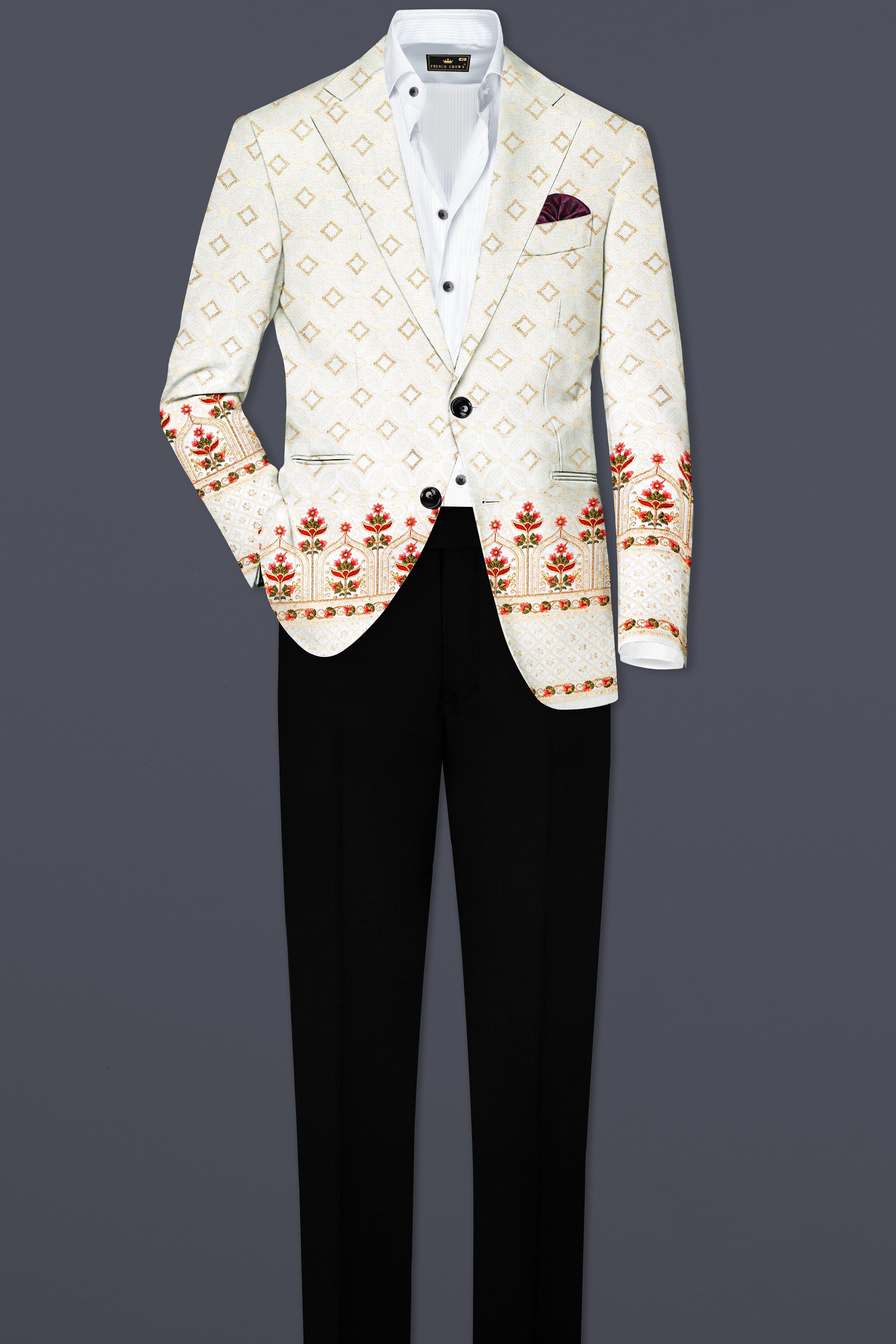 Off White And Sunset Pink Flower Multicolor Sequin and thread Embroidered Single Breasted Suit