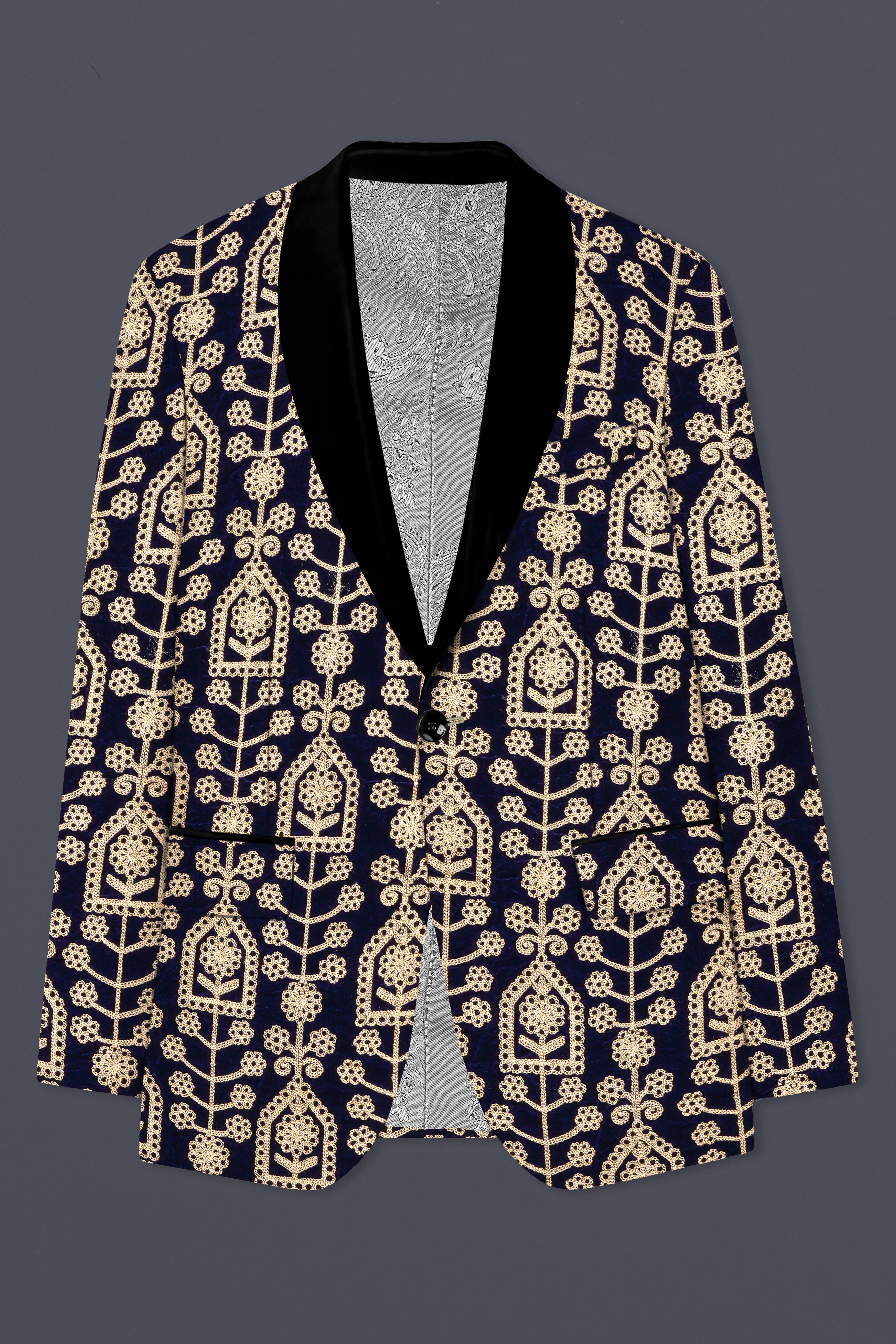 Navy Blue Thread Work Embroidered Tuxedo Velvet Suit