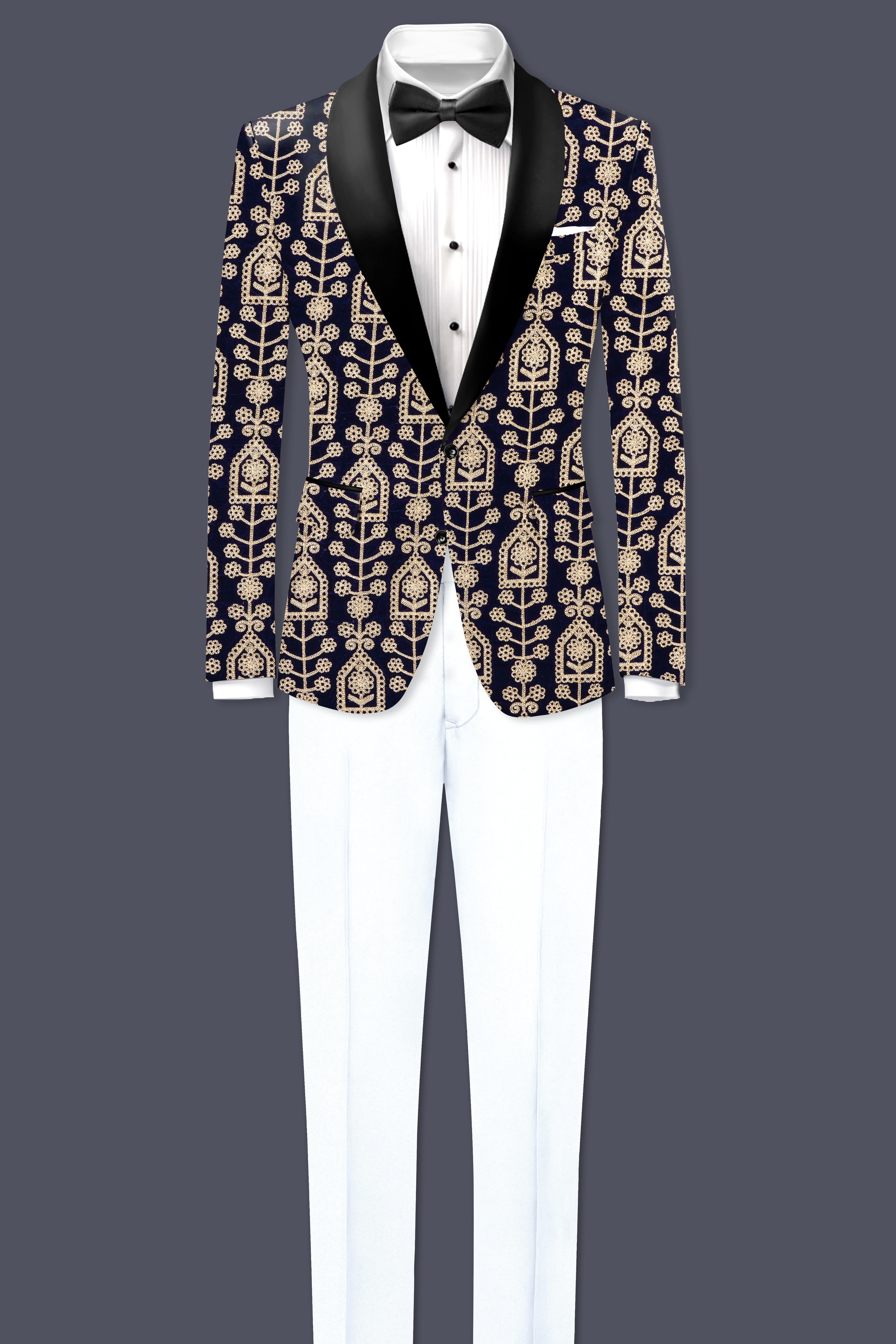 Navy Blue Thread Work Embroidered Tuxedo Velvet Suit