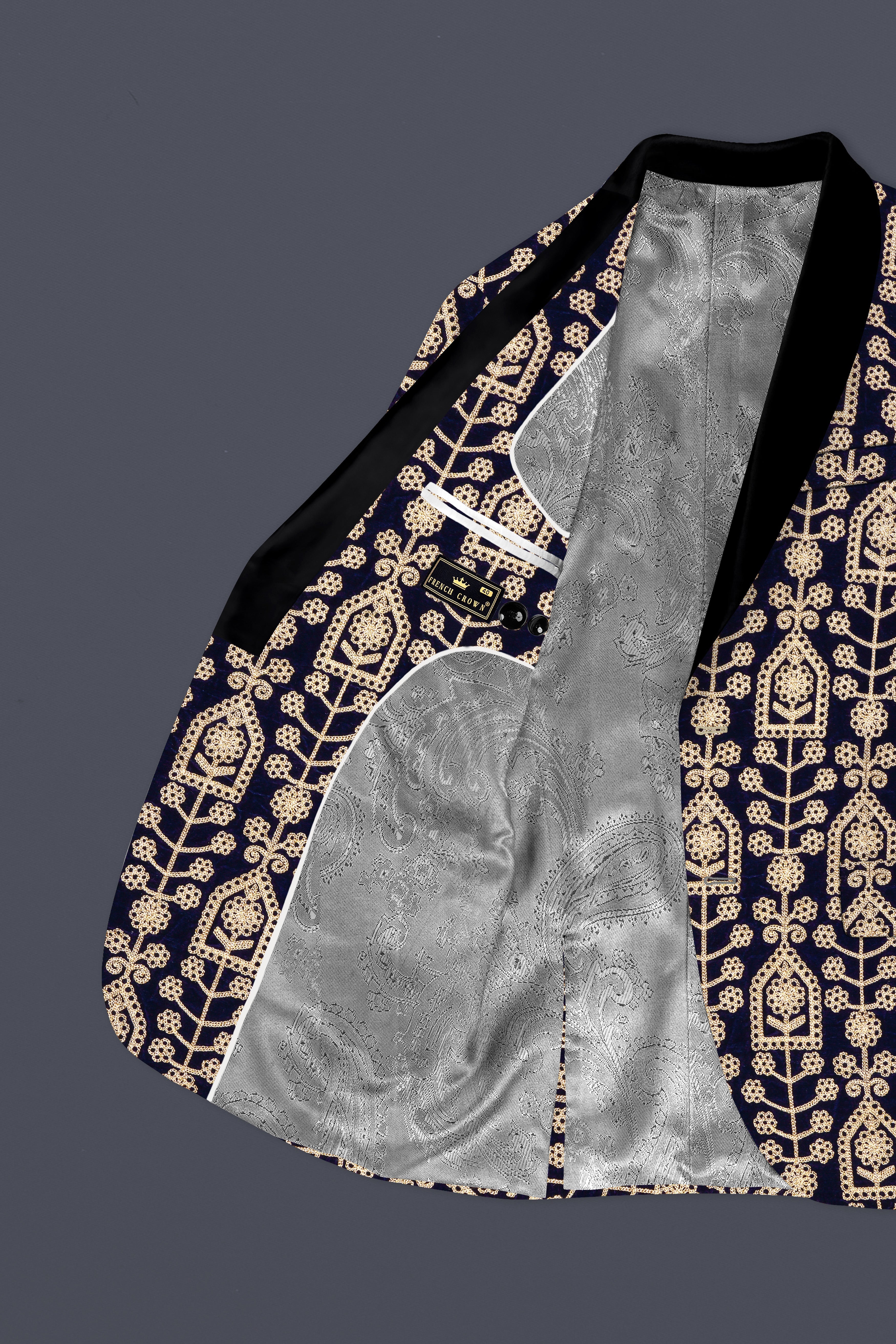 Navy Blue Thread Work Embroidered Tuxedo Velvet Suit