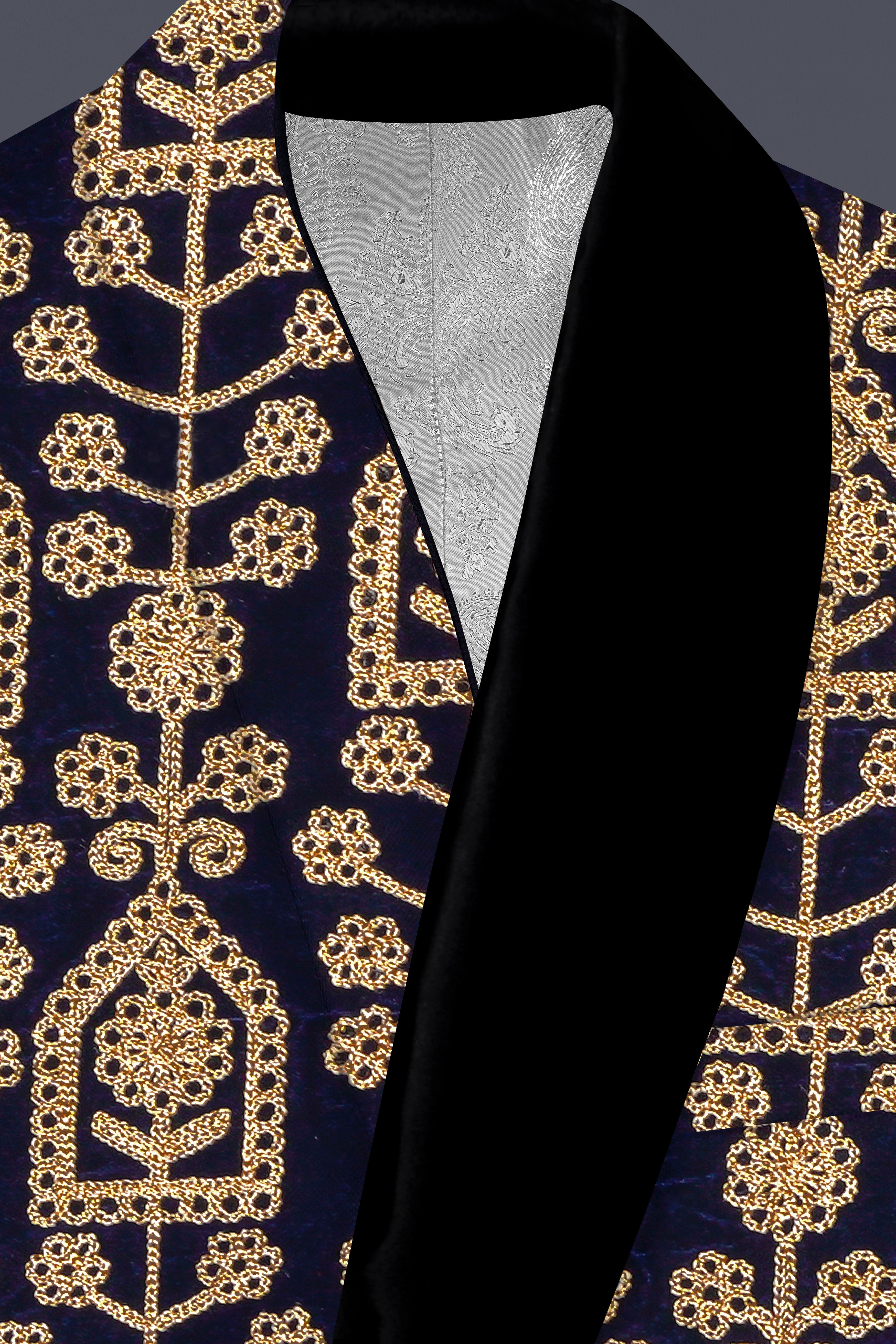 Navy Blue Thread Work Embroidered Tuxedo Velvet Suit
