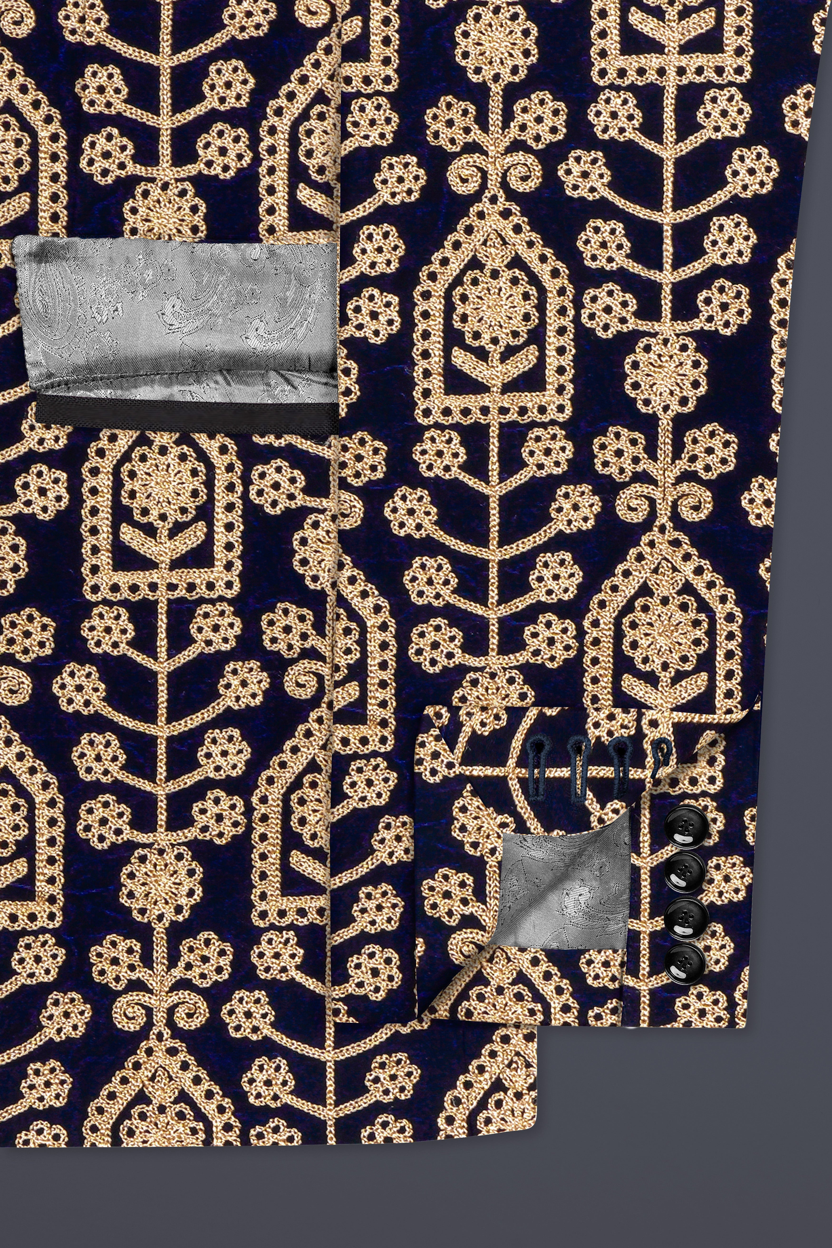 Navy Blue Thread Work Embroidered Tuxedo Velvet Suit