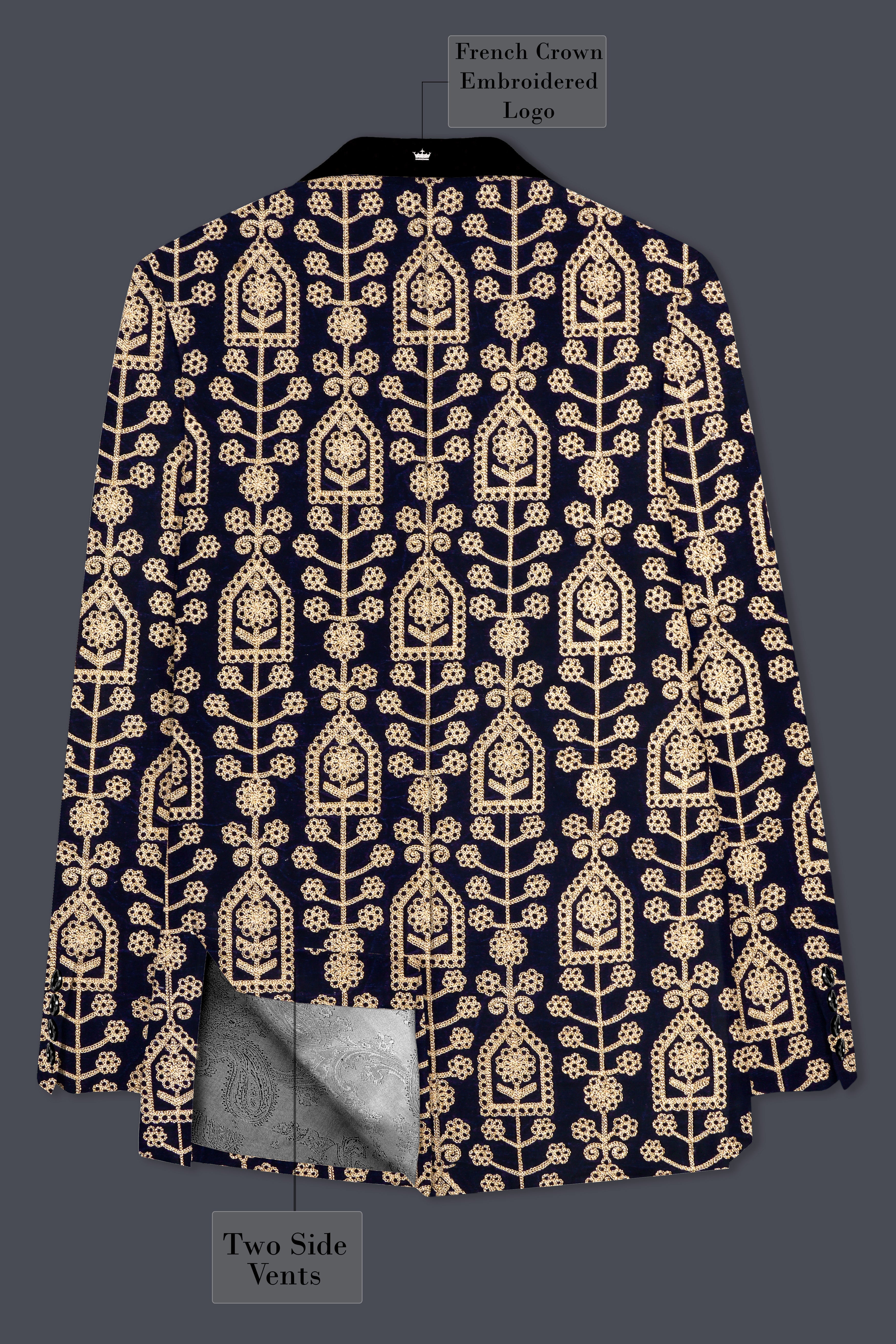 Navy Blue Thread Work Embroidered Tuxedo Velvet Suit