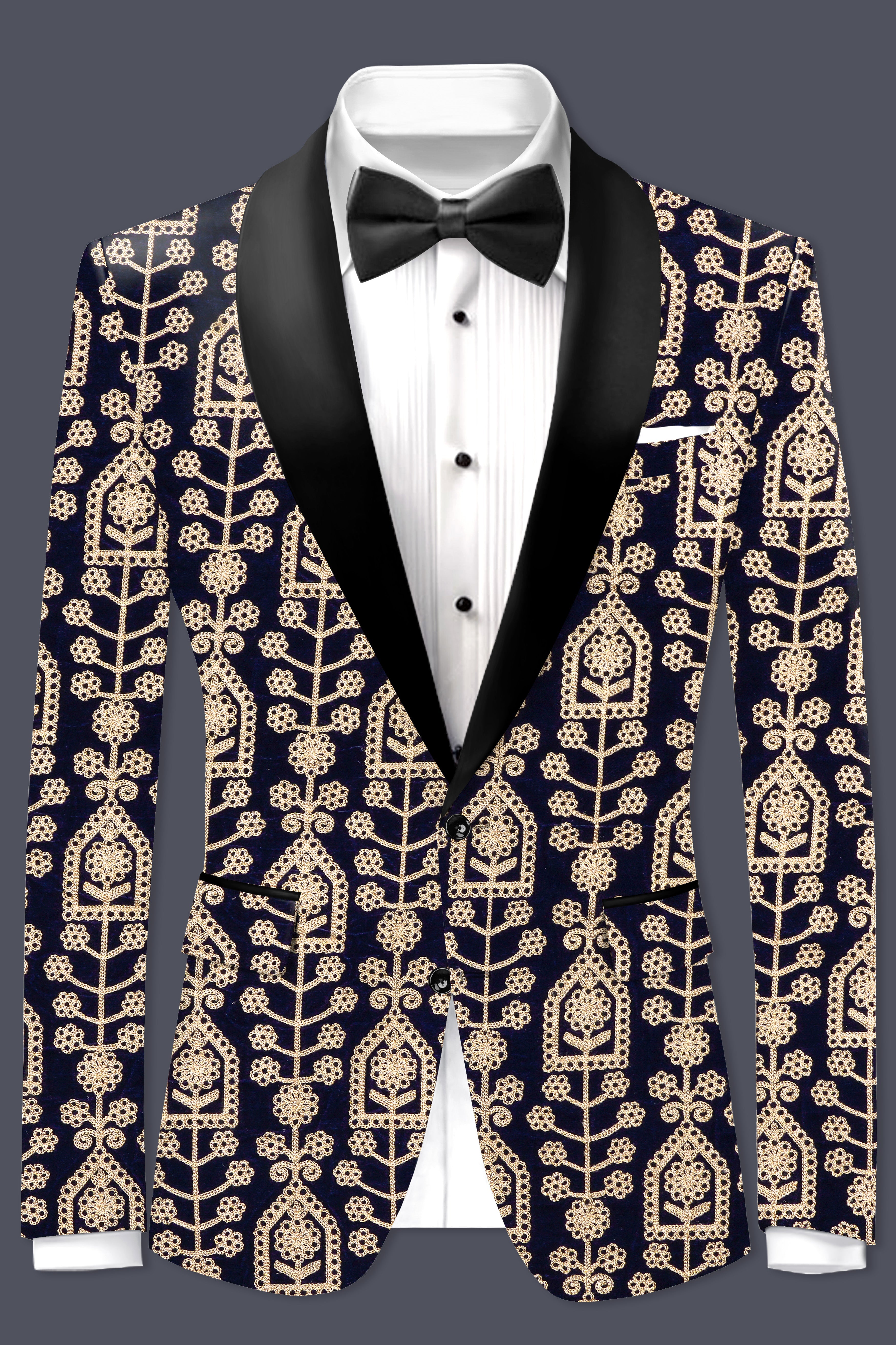 Navy Blue Thread Work Embroidered Tuxedo Velvet Suit