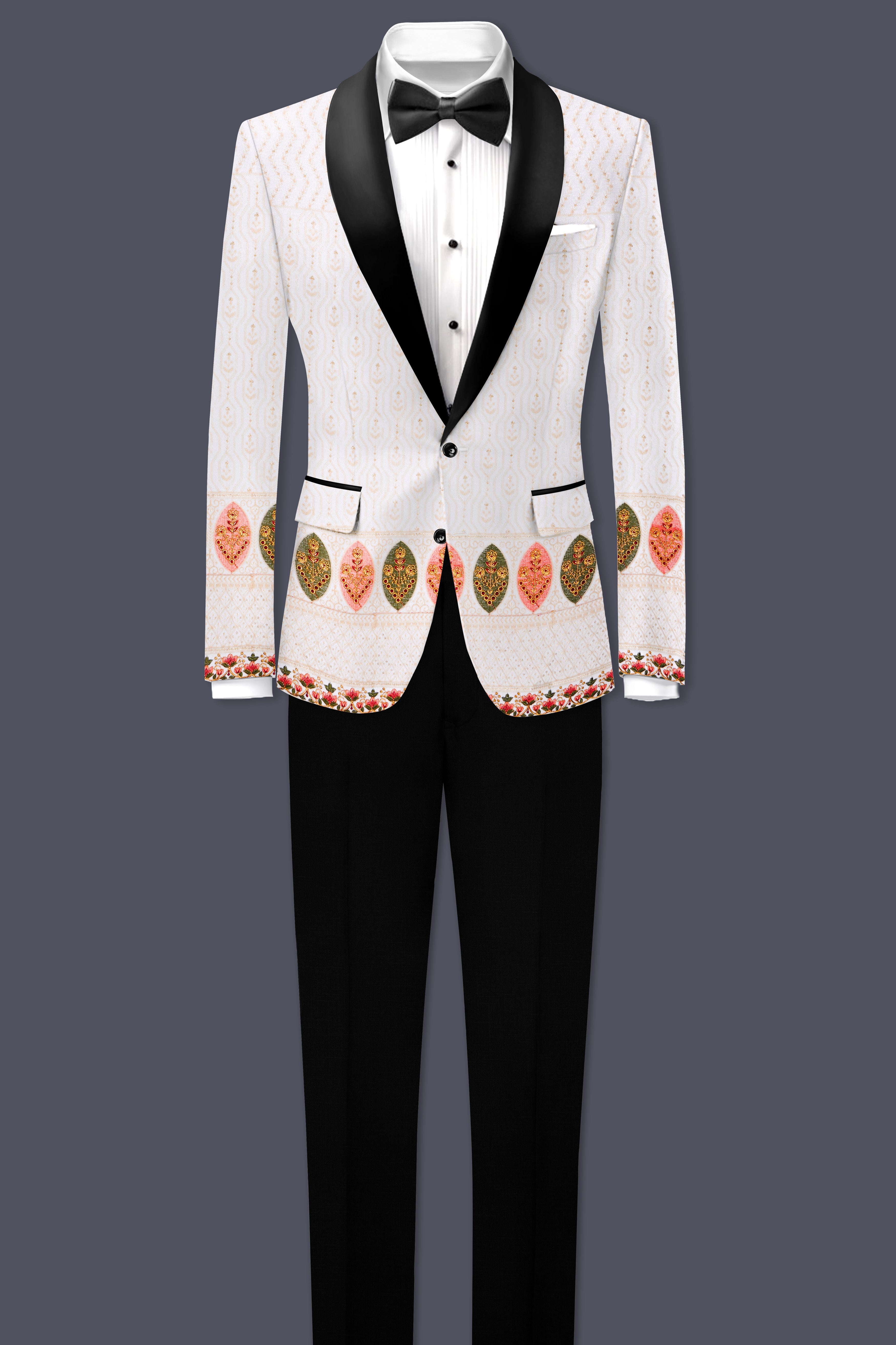Bright White And Blush Peach Multicolor Sequin and thread leaf Embroidered Tuxedo Suit