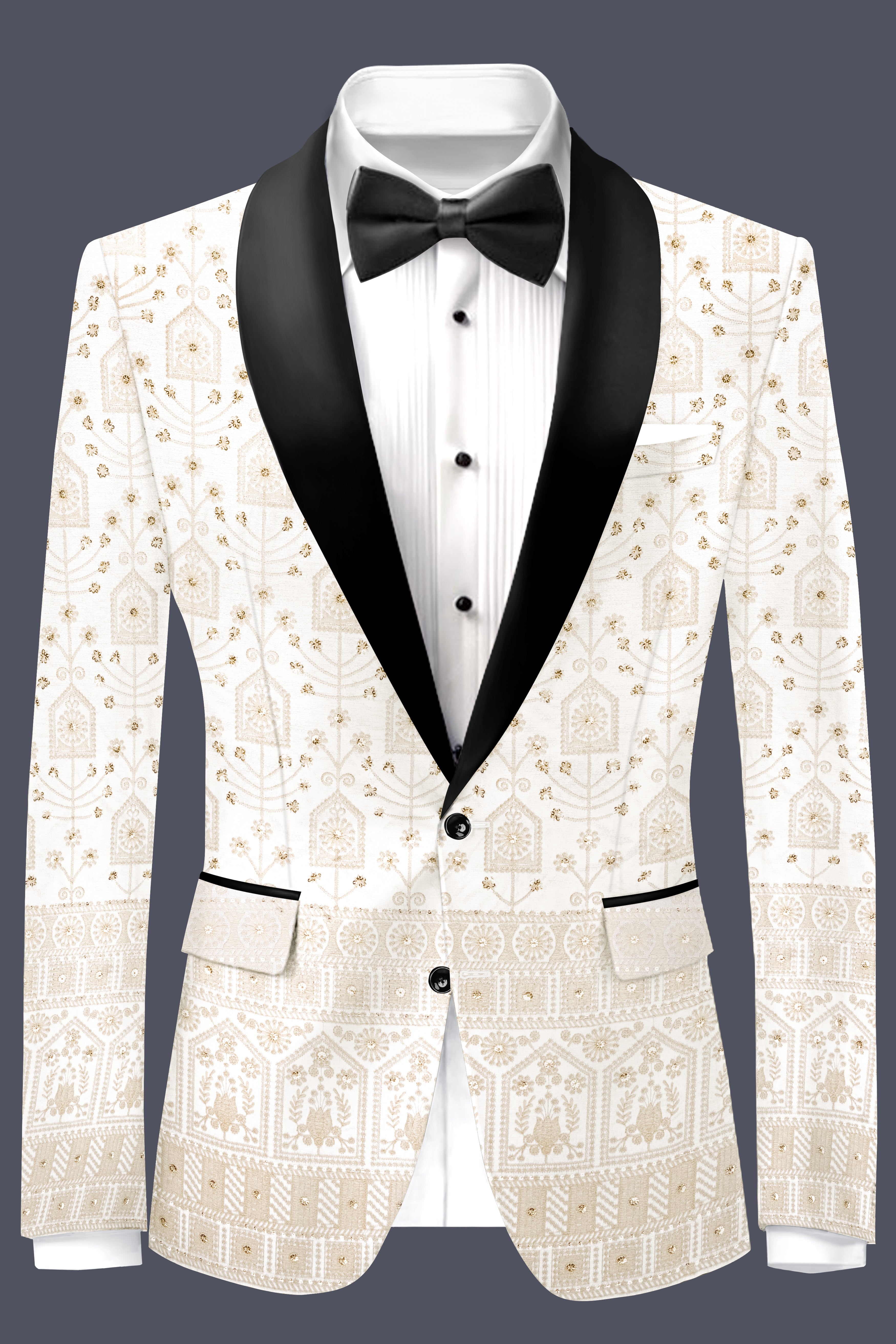 Tequila Cream And Bright White thread Embroidered Tuxedo Suit