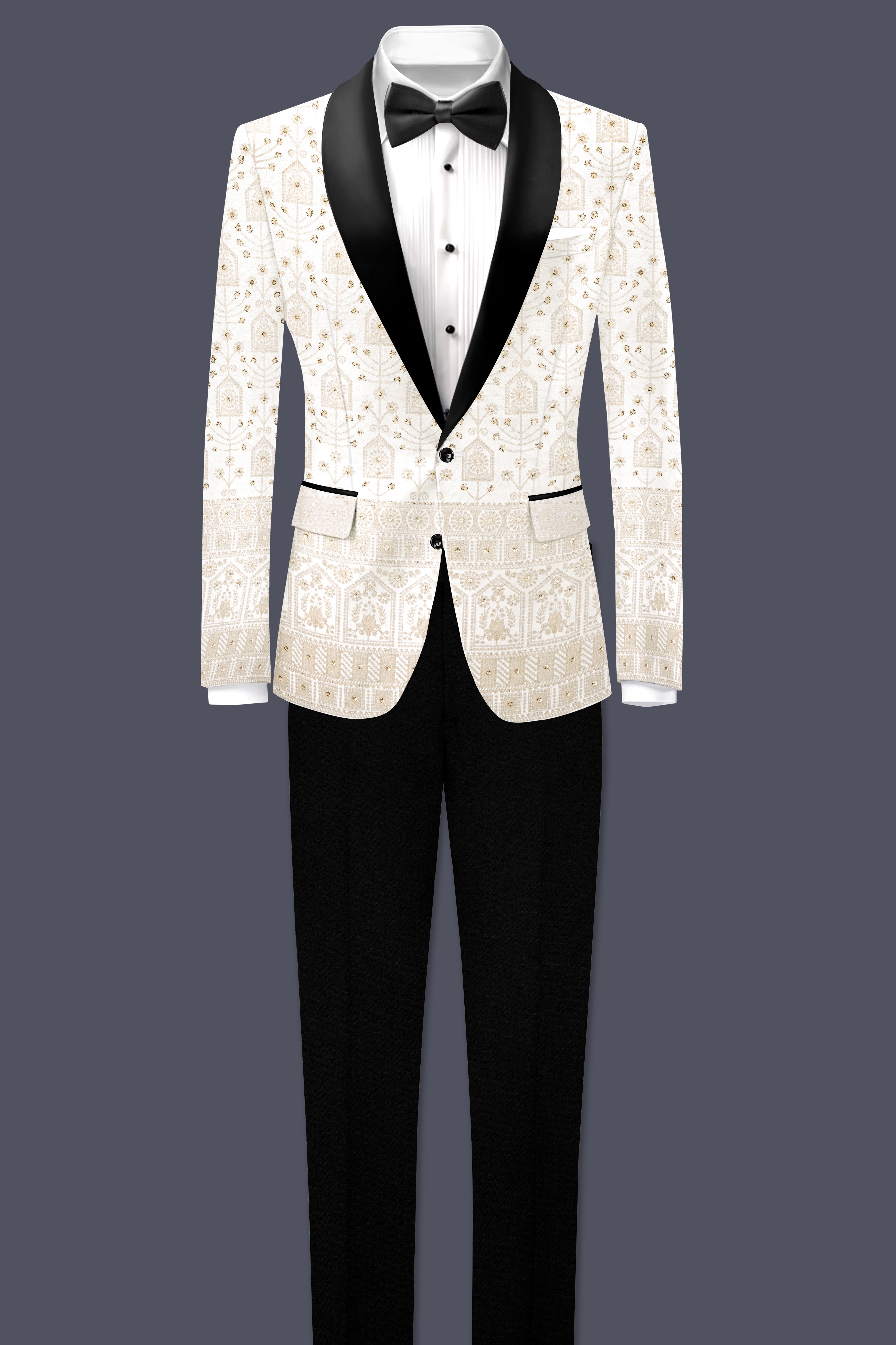 Tequila Cream And Bright White thread Embroidered Tuxedo Suit