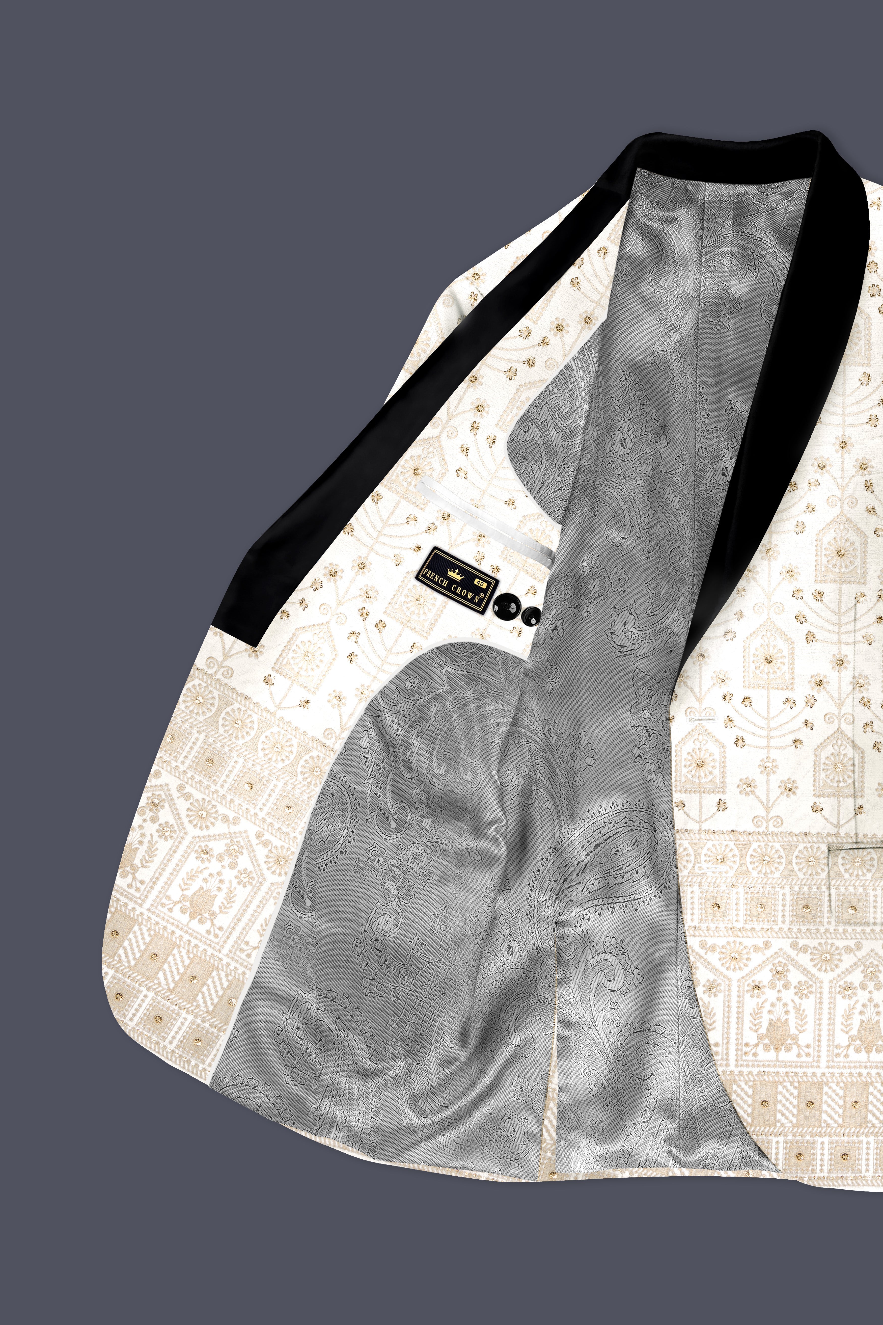 Tequila Cream And Bright White thread Embroidered Tuxedo Suit