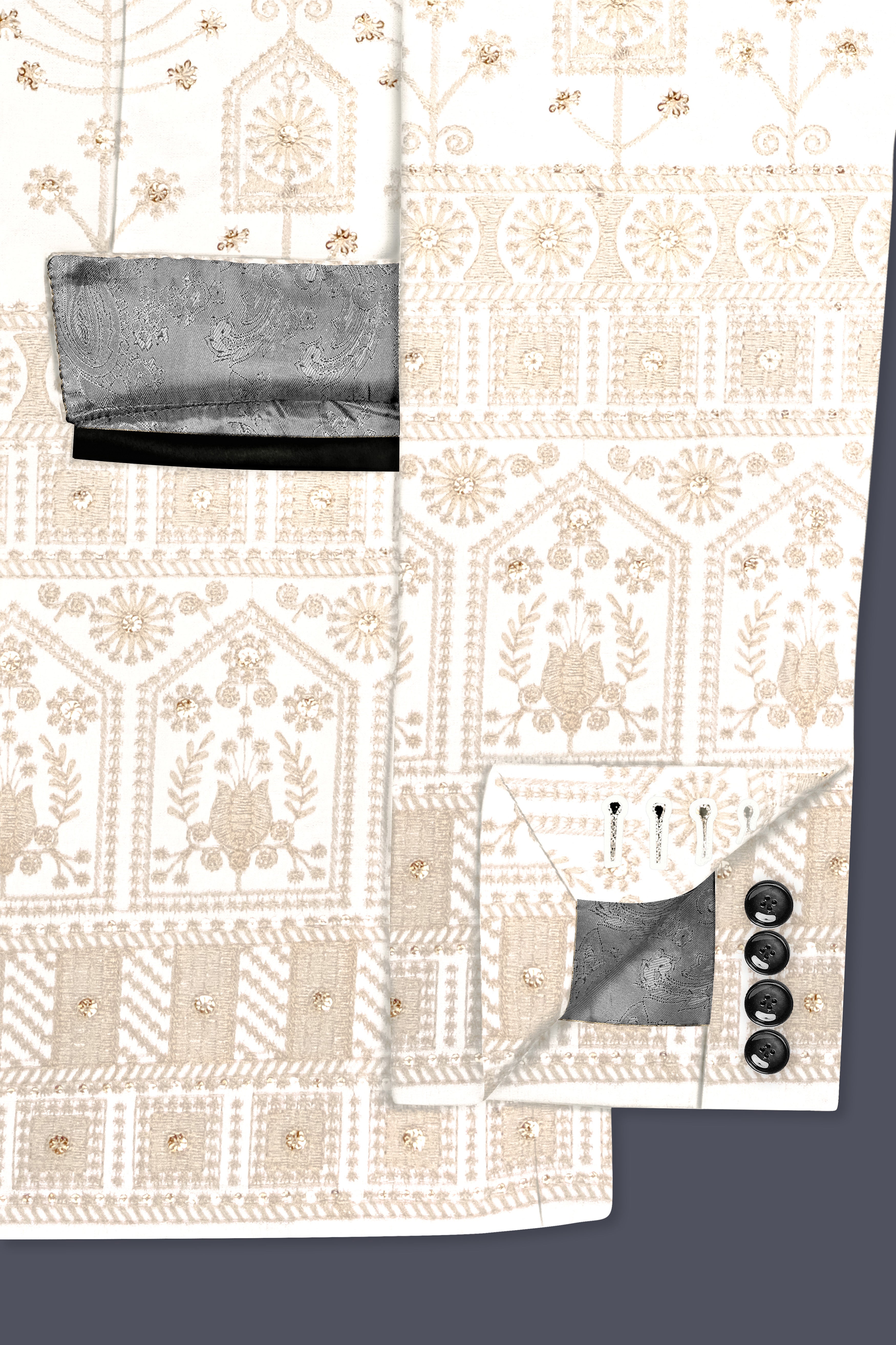 Tequila Cream And Bright White thread Embroidered Tuxedo Suit