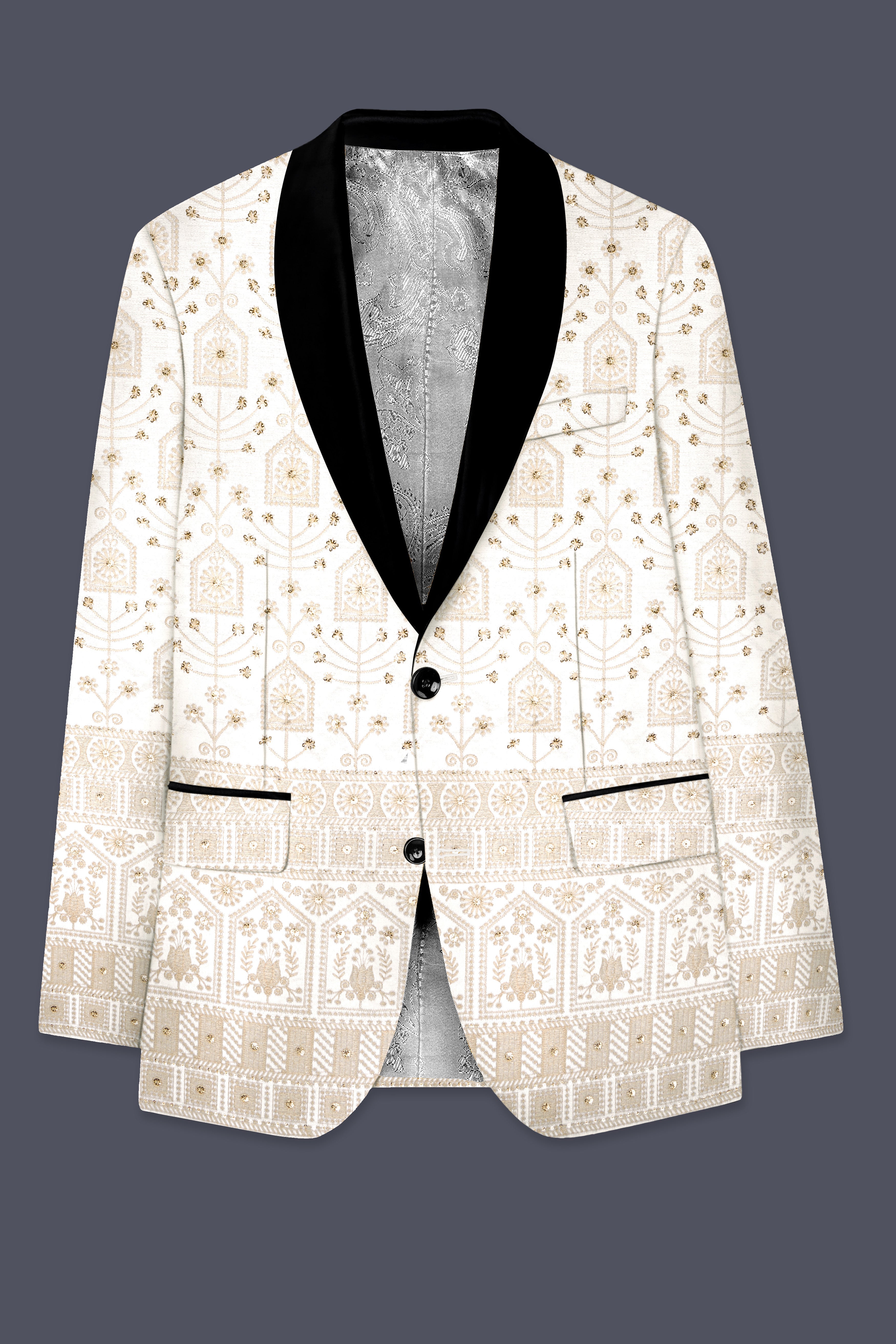 Tequila Cream And Bright White thread Embroidered Tuxedo Suit