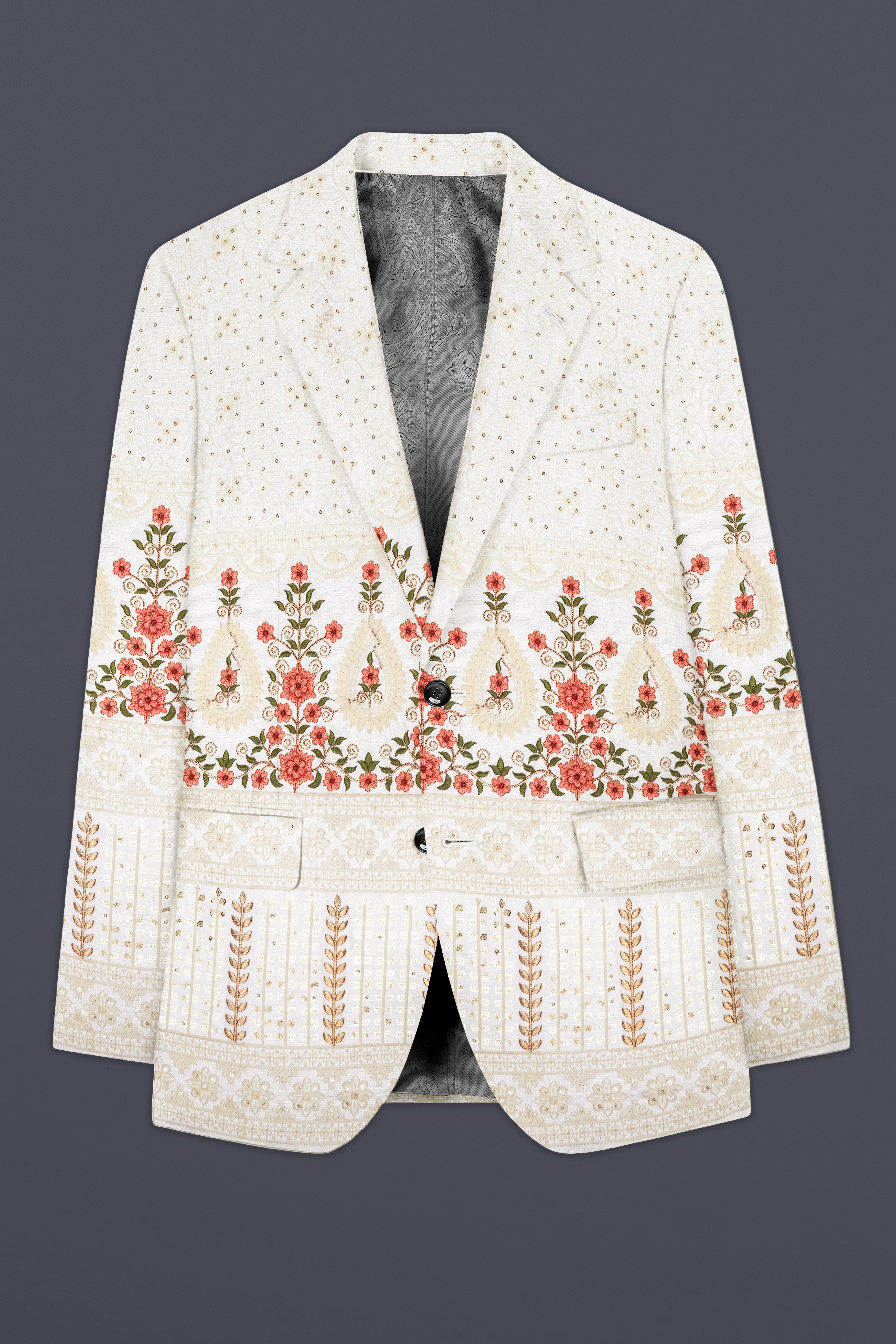 Almond Off White And Salmon Pink Sequin and thread Embroidered Single Breasted Suit