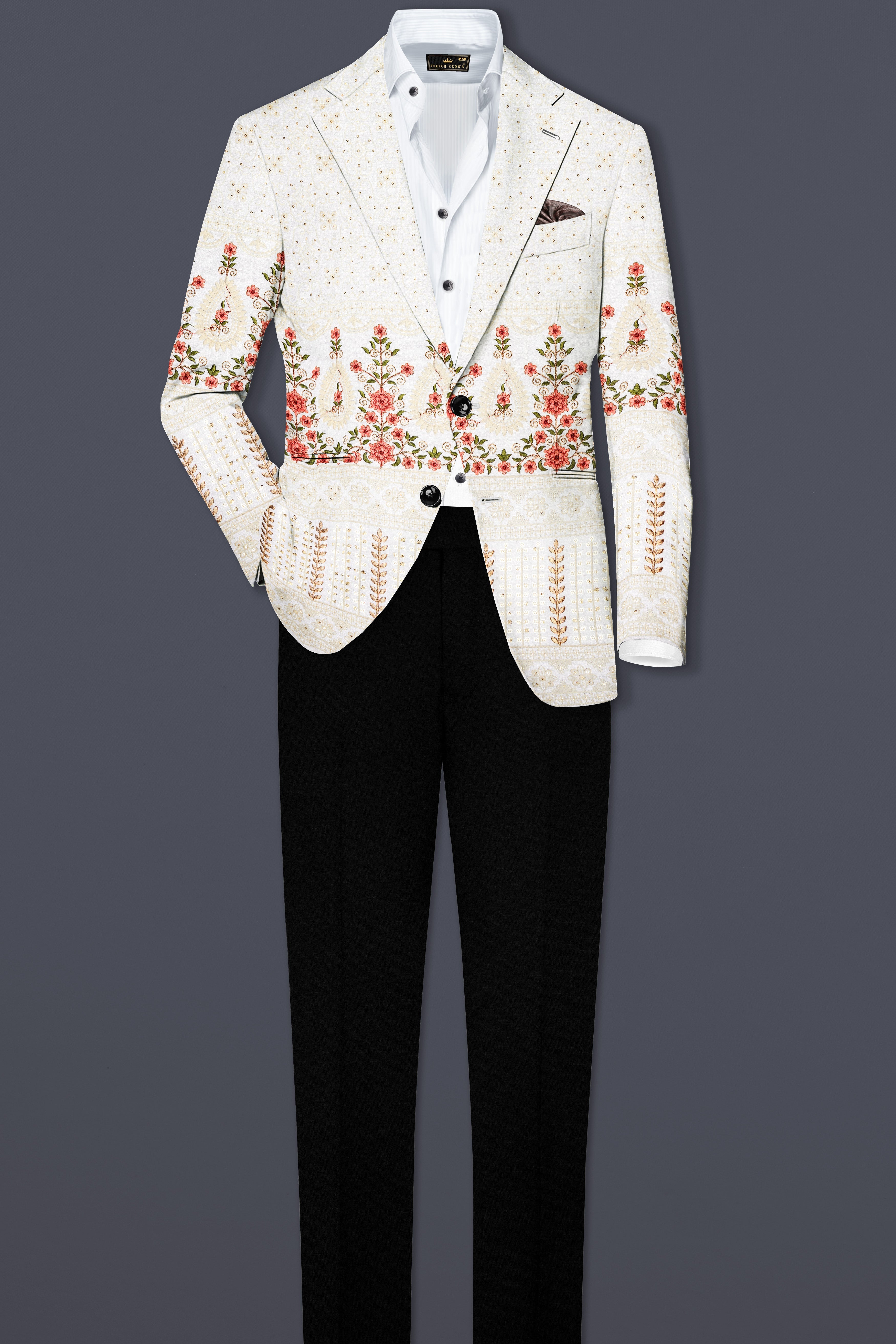 Almond Off White And Salmon Pink Sequin and thread Embroidered Single Breasted Suit