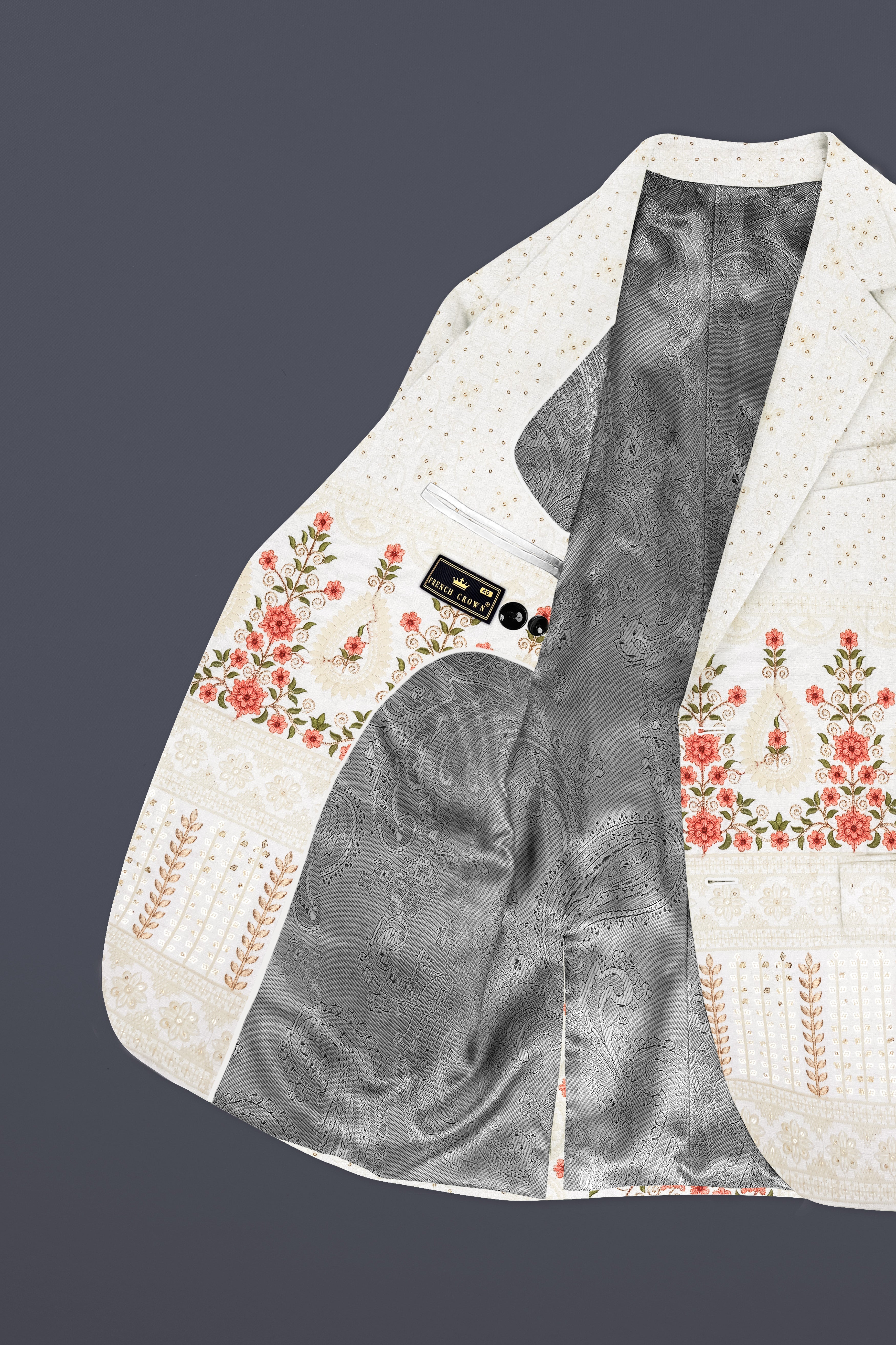 Almond Off White And Salmon Pink Sequin and thread Embroidered Single Breasted Suit