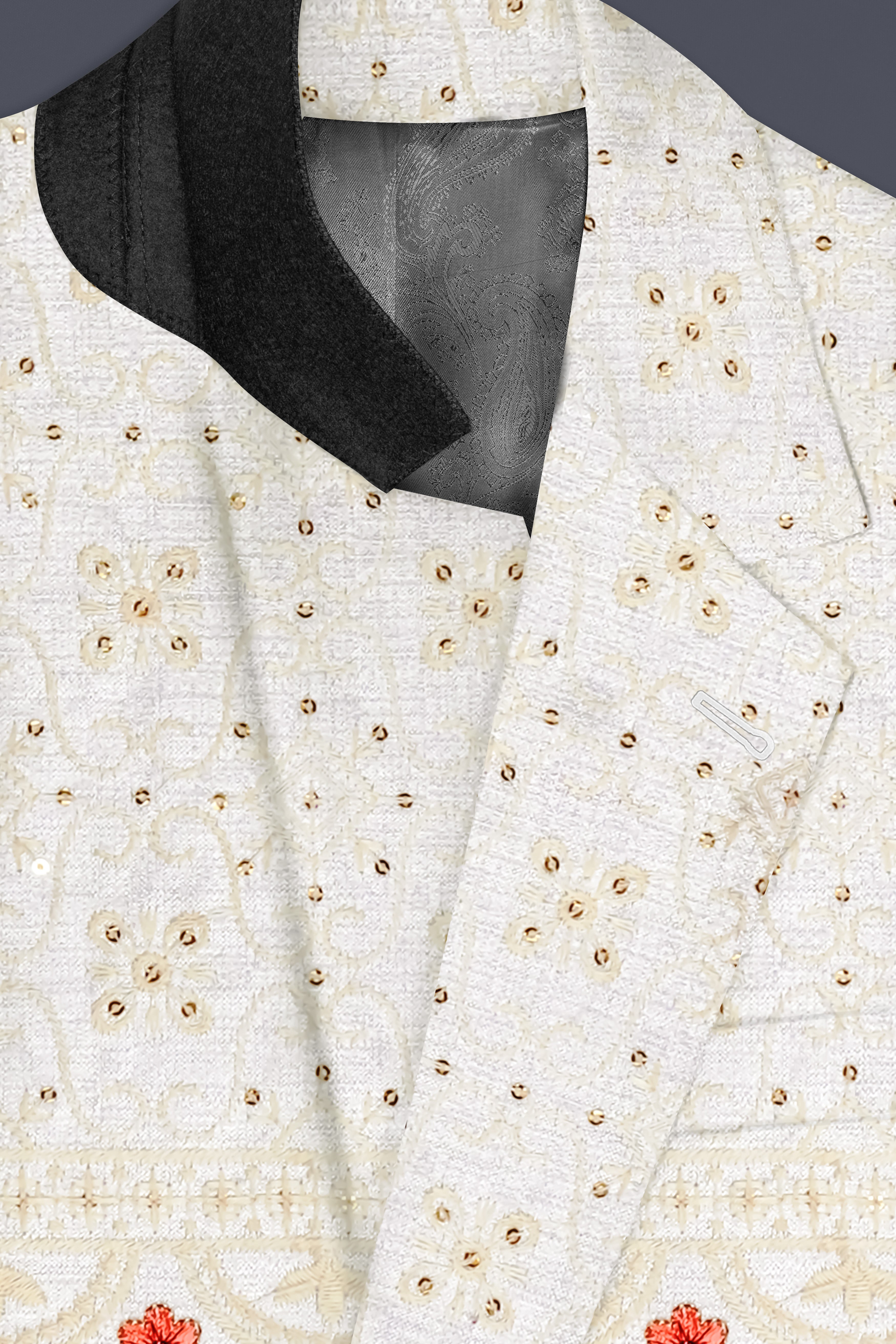 Almond Off White And Salmon Pink Sequin and thread Embroidered Single Breasted Suit