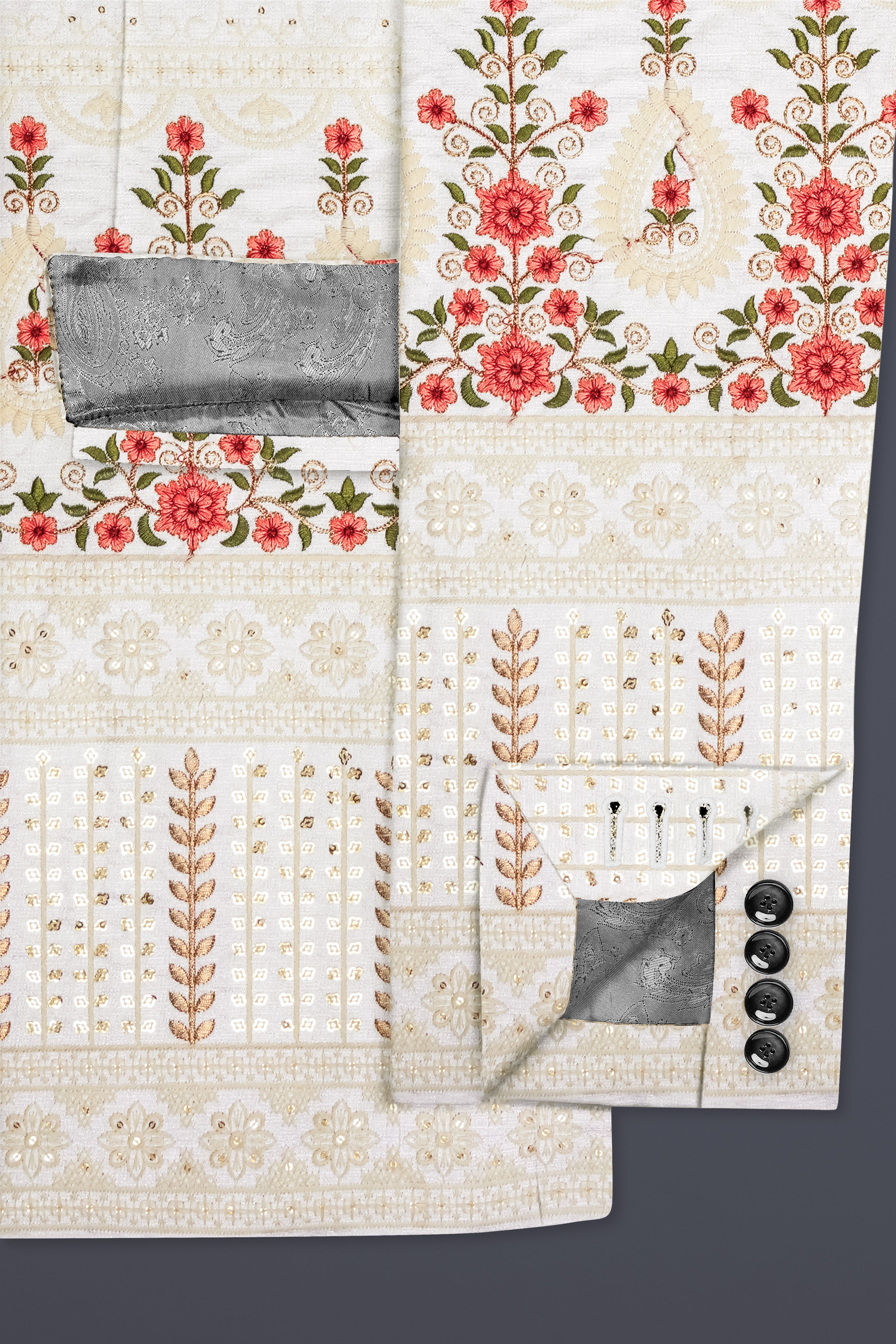 Almond Off White And Salmon Pink Sequin and thread Embroidered Single Breasted Suit