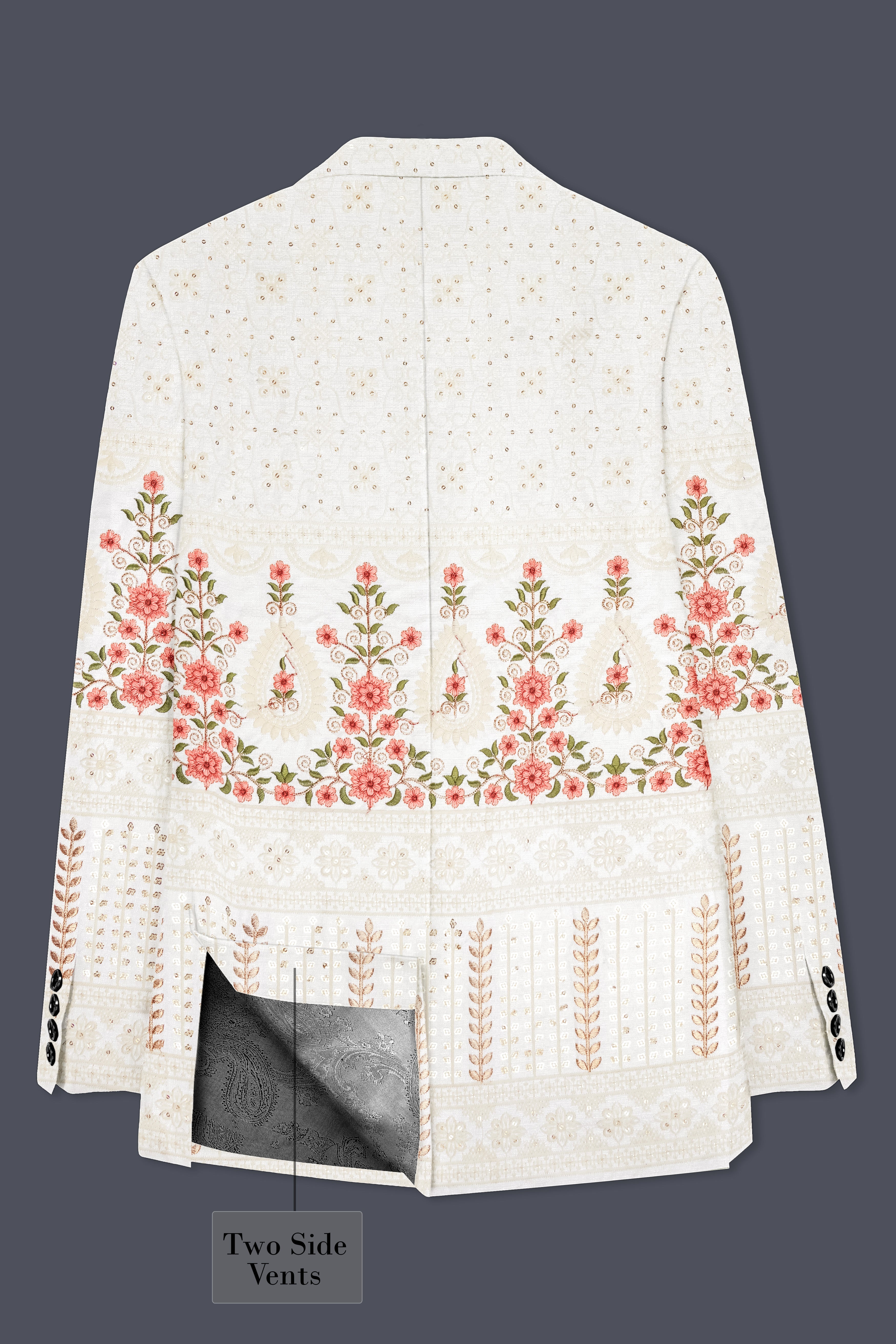 Almond Off White And Salmon Pink Sequin and thread Embroidered Single Breasted Suit